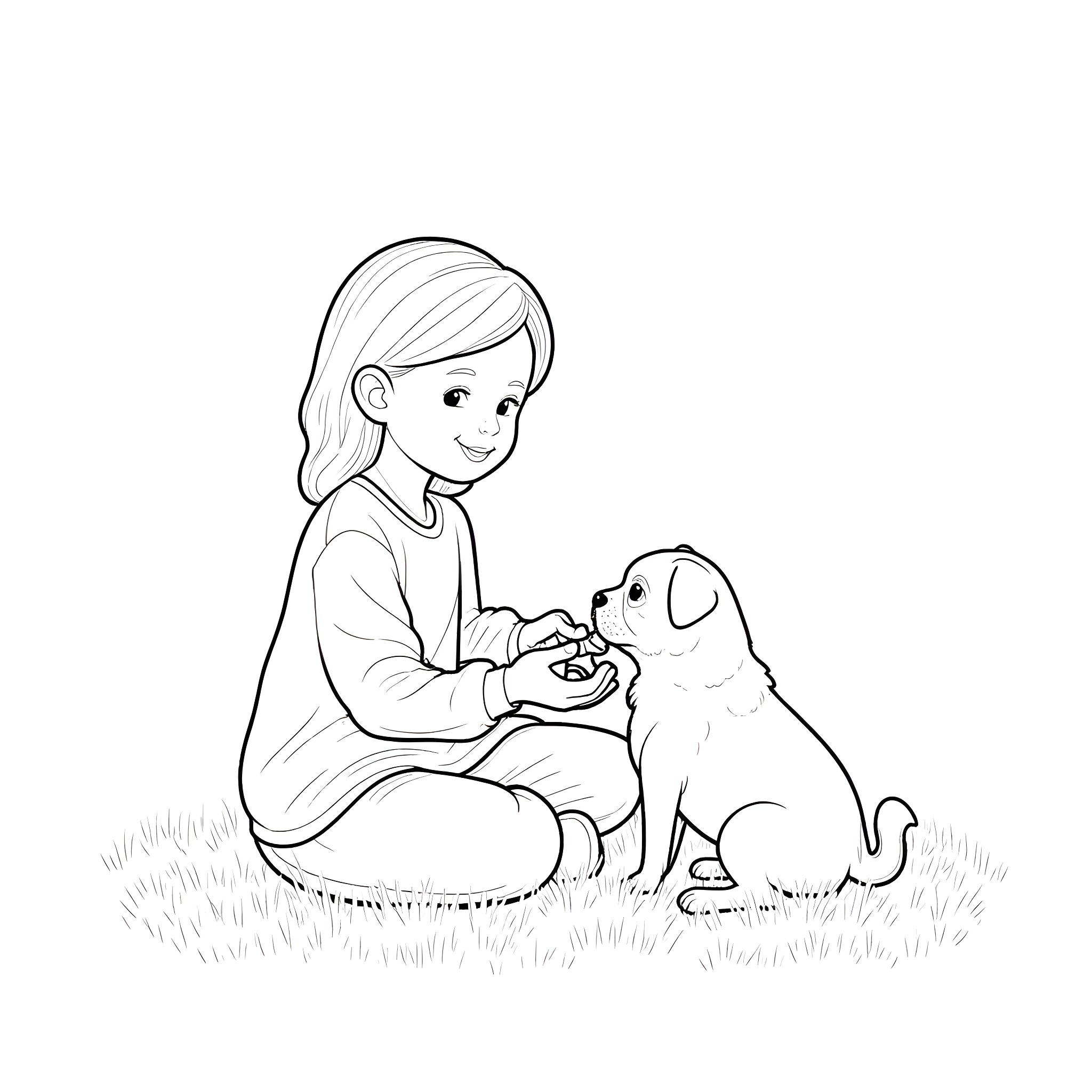 L.O.L. Girl Playing Happily with Puppy in Meadow Coloring Page (free black-and-white line drawing printable PDF for all, from beginners to advanced learners, including children, teens, adults, and seniors)