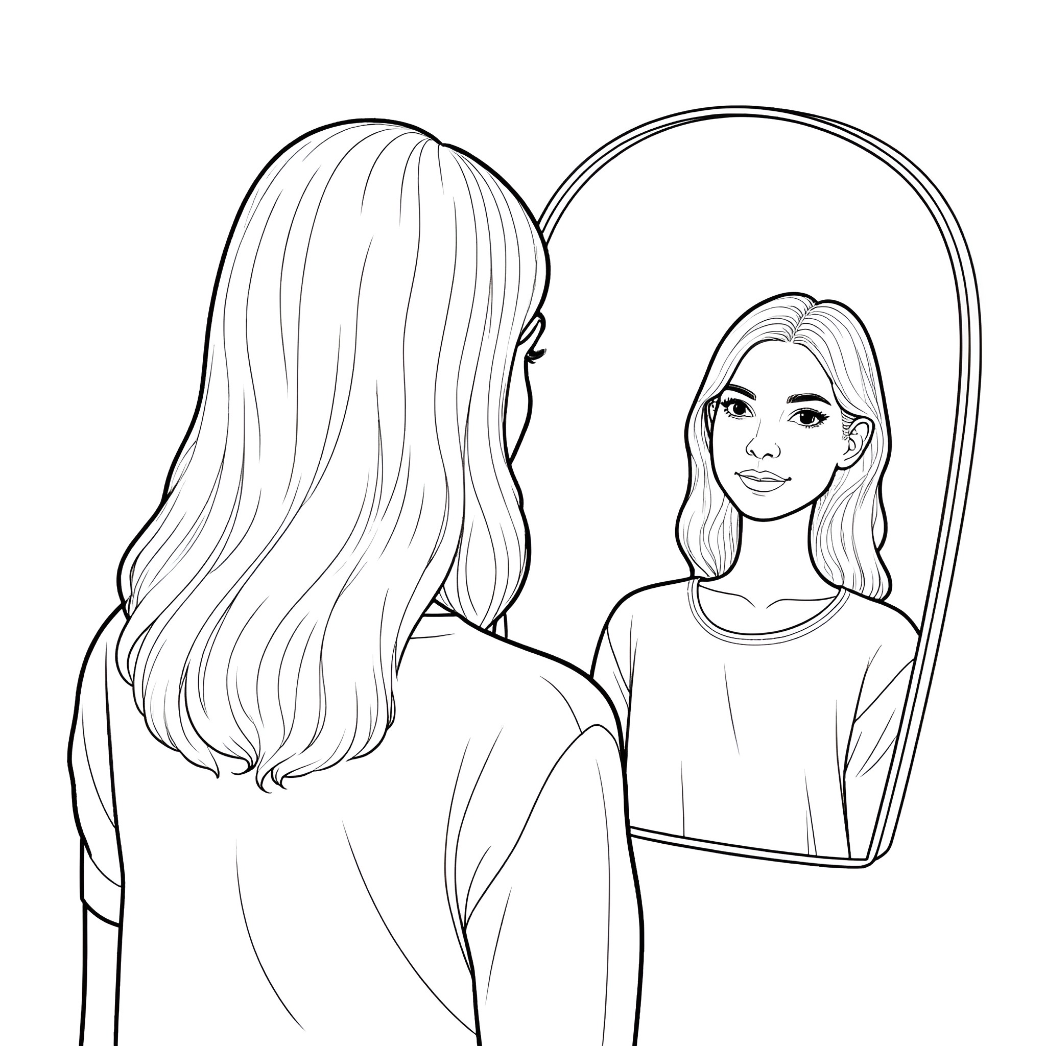 Woman looking at herself in the mirror Coloring Page (free black-and-white line drawing printable PDF for all, from beginners to advanced learners, including children, teens, adults, and seniors)