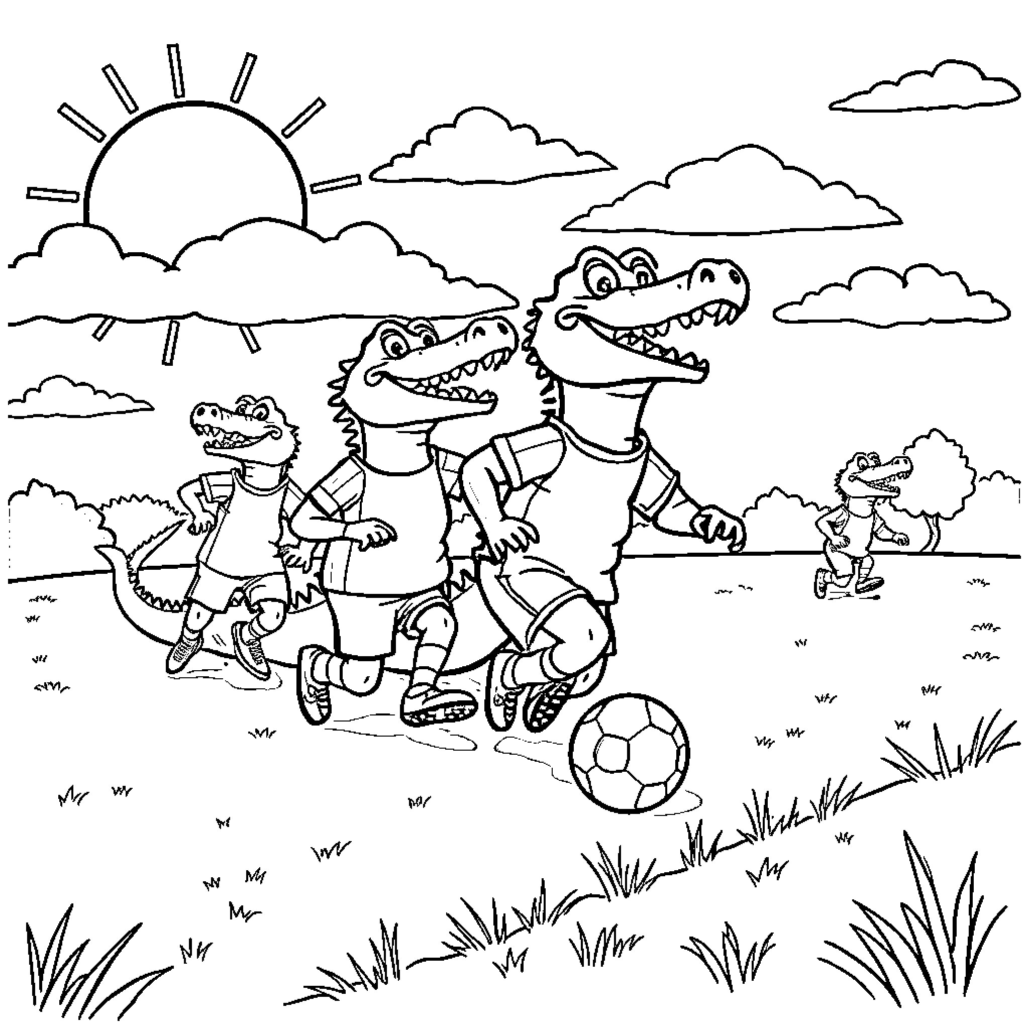 Soccerdiles playing a lively game outdoors Coloring Page (free black-and-white line drawing printable PDF for all, from beginners to advanced learners, including children, teens, adults, and seniors)
