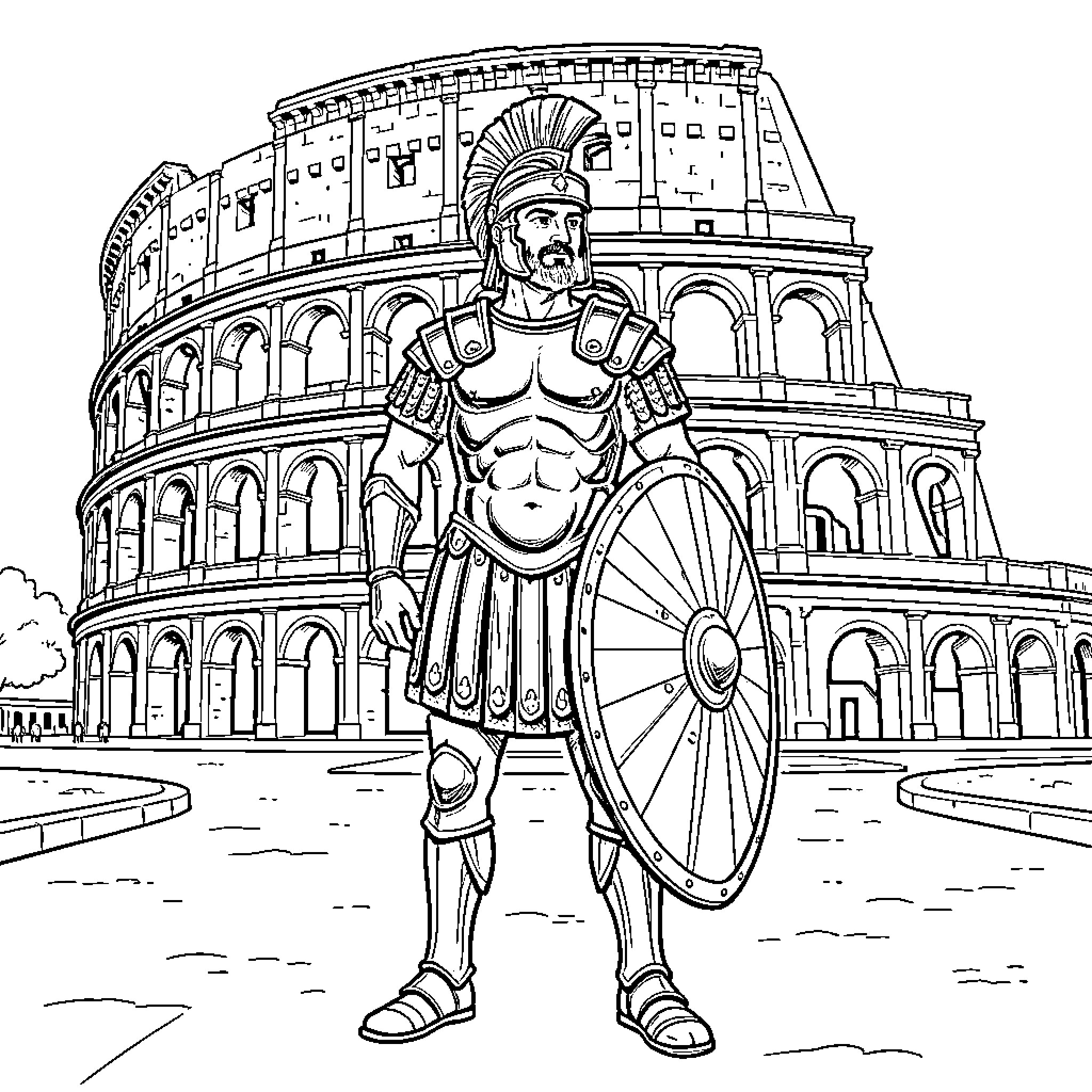 Legionary standing proudly before the Colosseum Coloring Page (free black-and-white line drawing printable PDF for all, from beginners to advanced learners, including children, teens, adults, and seniors)