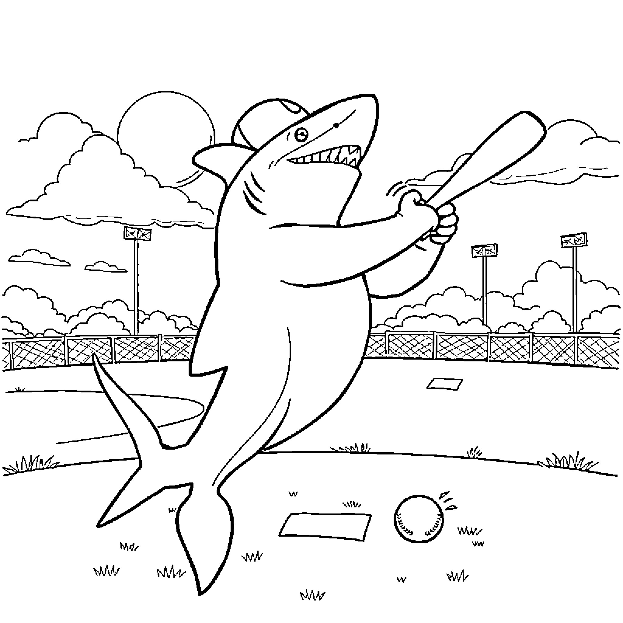 Shark playing baseball in the park Coloring Page (free black-and-white line drawing printable PDF for all, from beginners to advanced learners, including children, teens, adults, and seniors)