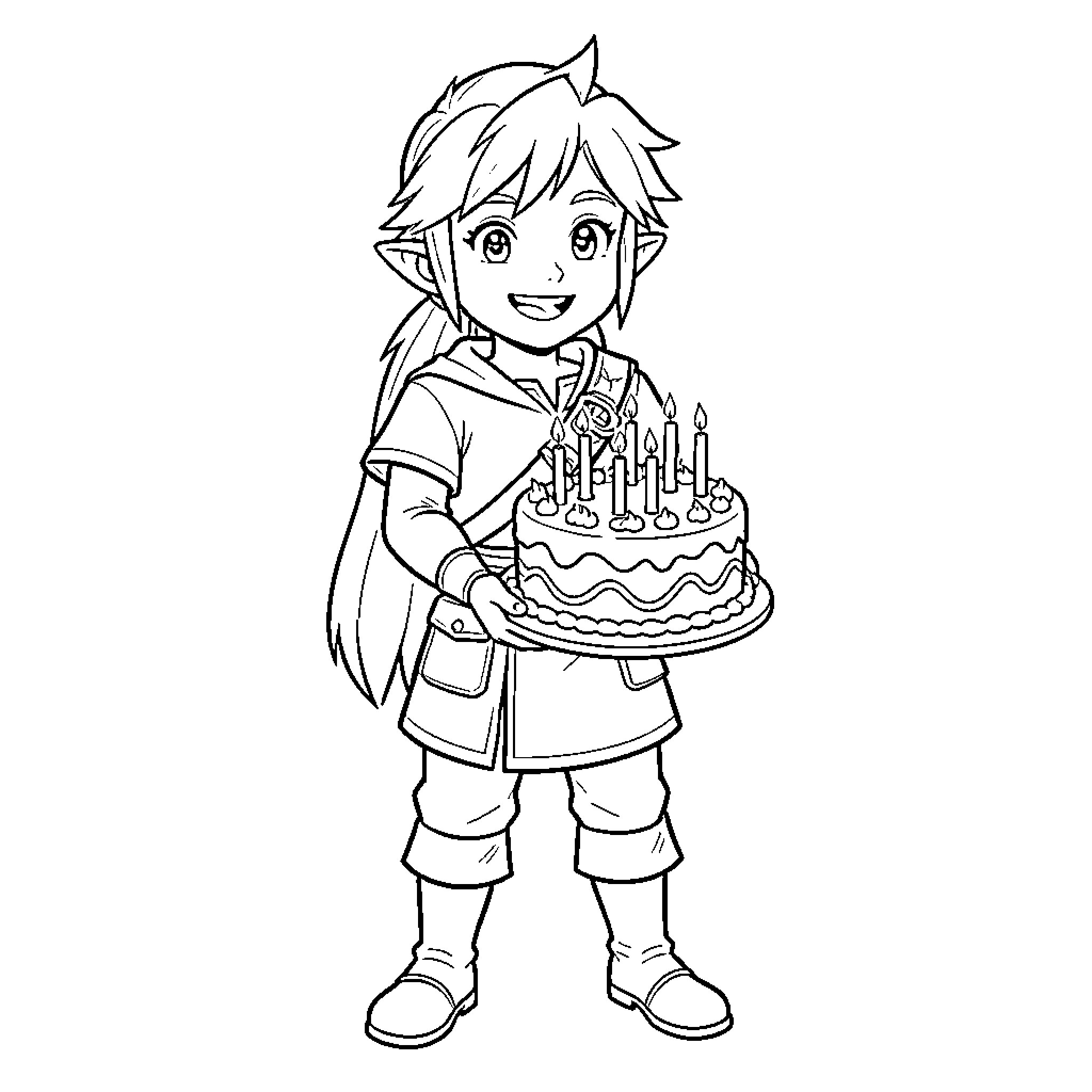 Link celebrating with birthday cake Coloring Page (free black-and-white line drawing printable PDF for all, from beginners to advanced learners, including children, teens, adults, and seniors)