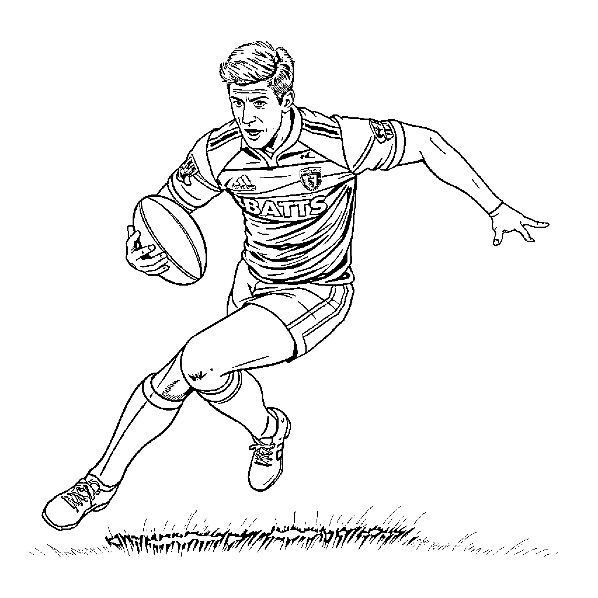 Rugby Player Sprinting with the Ball Coloring Page (free black-and-white line drawing printable PDF for all, from beginners to advanced learners, including children, teens, adults, and seniors)