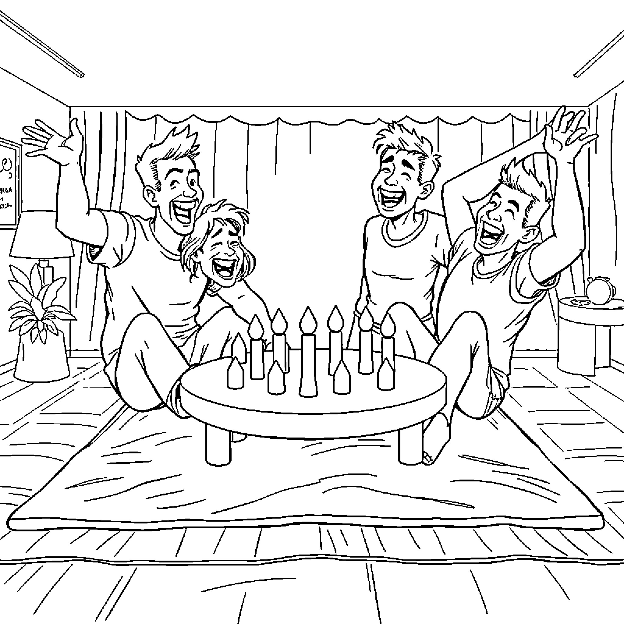 American Family Celebrating Birthday Party Coloring Page (free black-and-white line drawing printable PDF for all, from beginners to advanced learners, including children, teens, adults, and seniors)