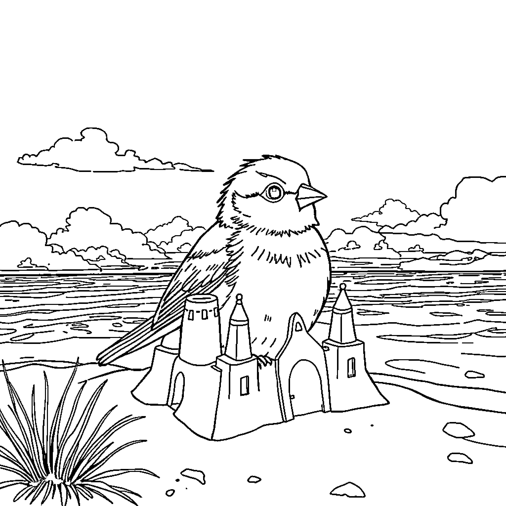 Squirrel building a sandcastle on the beach Coloring Page (free black-and-white line drawing printable PDF for all, from beginners to advanced learners, including children, teens, adults, and seniors)