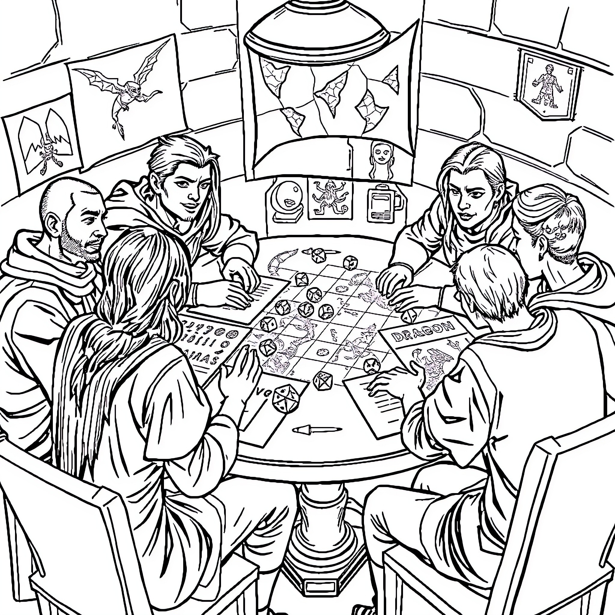 Dungeons and Dragons: Epic Gaming Session Coloring Page (free black-and-white line drawing printable PDF for all, from beginners to advanced learners, including children, teens, adults, and seniors)