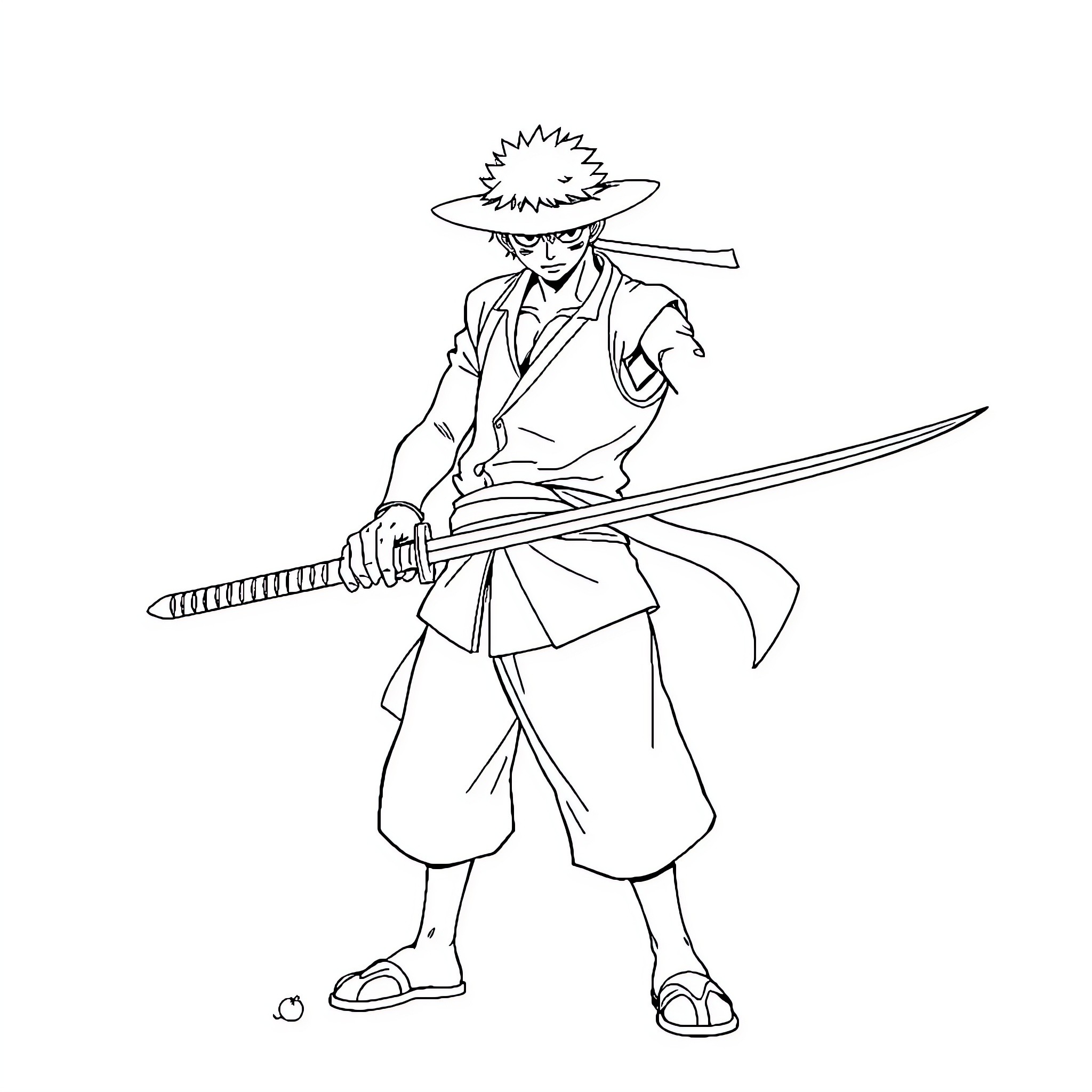 Roronoa Zoro wielding his signature swords Coloring Page (free black-and-white line drawing printable PDF for all, from beginners to advanced learners, including children, teens, adults, and seniors)