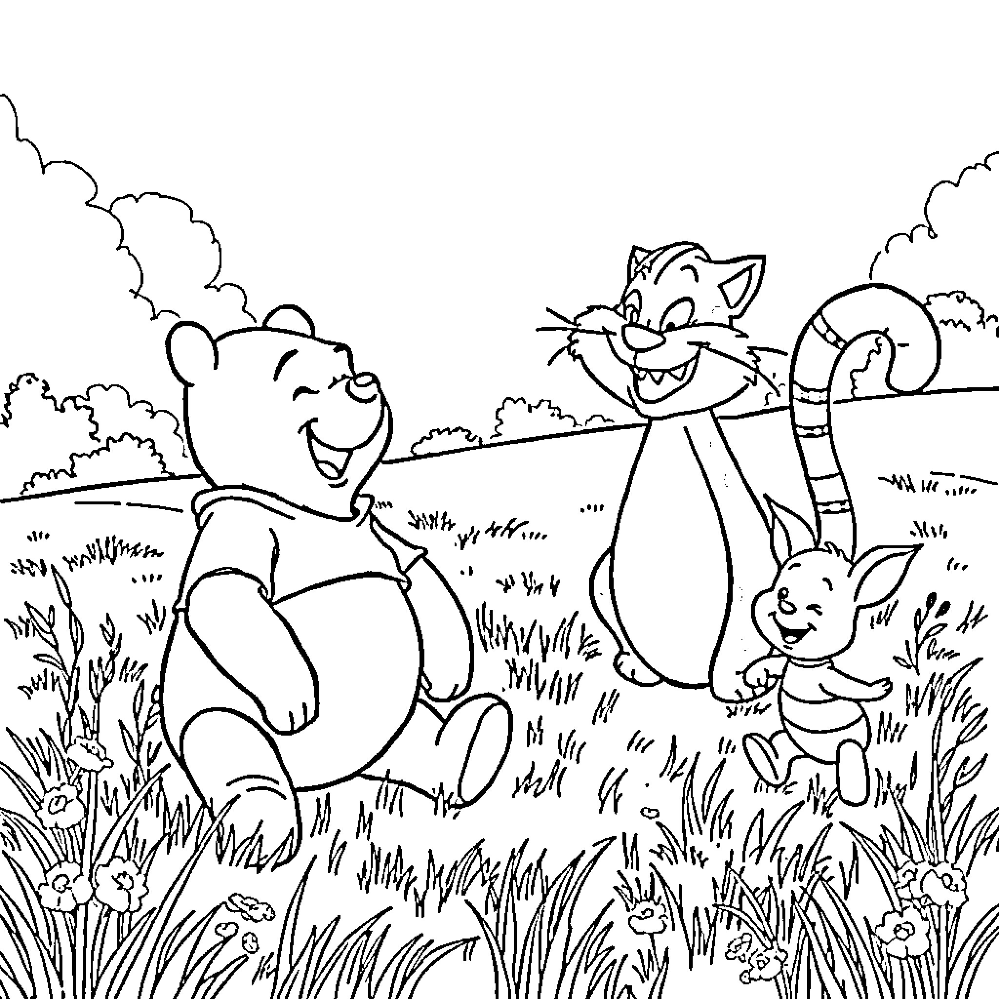 Winnie The Pooh and friends playing in the meadow Coloring Page (free black-and-white line drawing printable PDF for all, from beginners to advanced learners, including children, teens, adults, and seniors)
