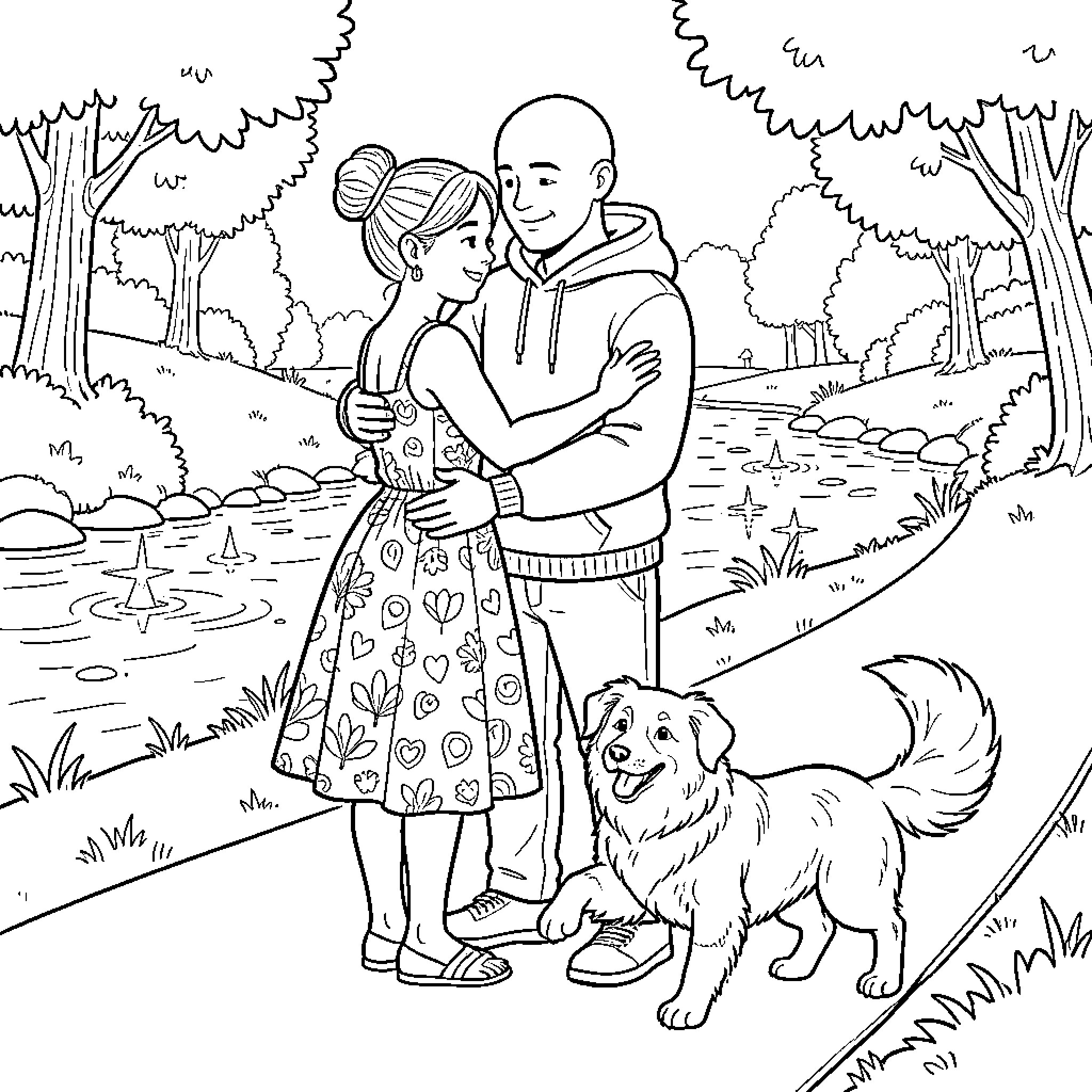 Woman and Man Embracing with a Dog on a Nature Path Coloring Page (free black-and-white line drawing printable PDF for all, from beginners to advanced learners, including children, teens, adults, and seniors)