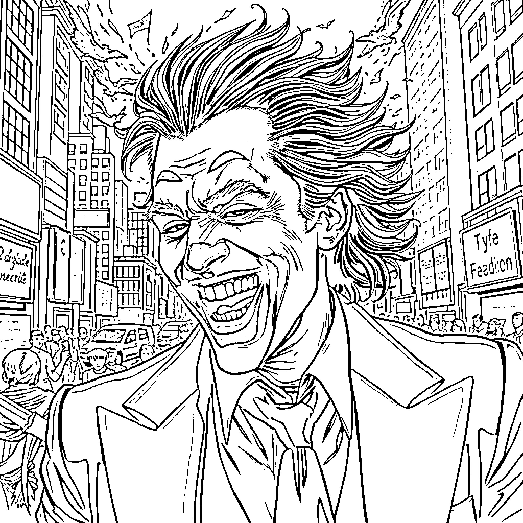 Joker laughing maniacally in the city streets Coloring Page (free black-and-white line drawing printable PDF for all, from beginners to advanced learners, including children, teens, adults, and seniors)