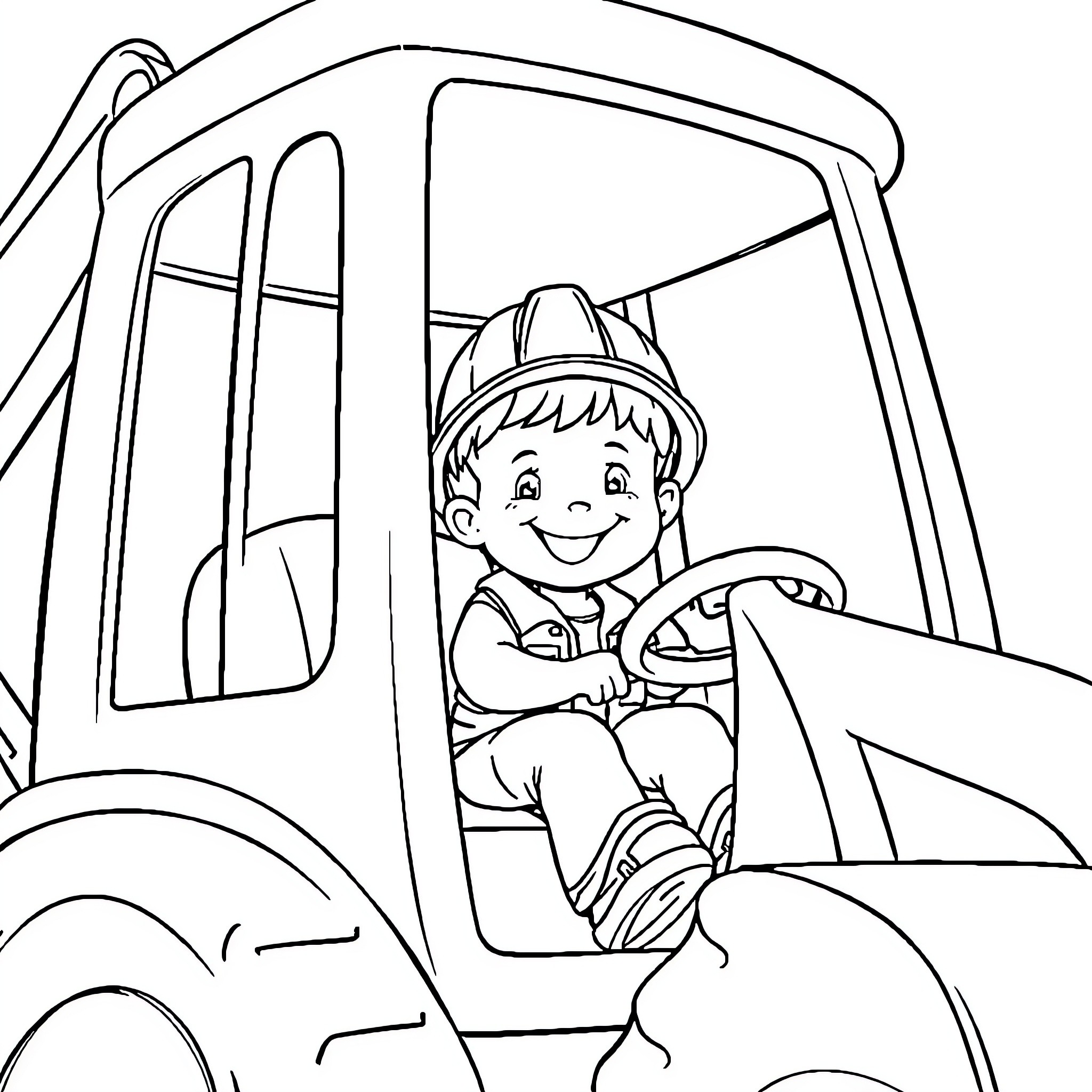 Boy operating a construction vehicle with joy Coloring Page (free black-and-white line drawing printable PDF for all, from beginners to advanced learners, including children, teens, adults, and seniors)