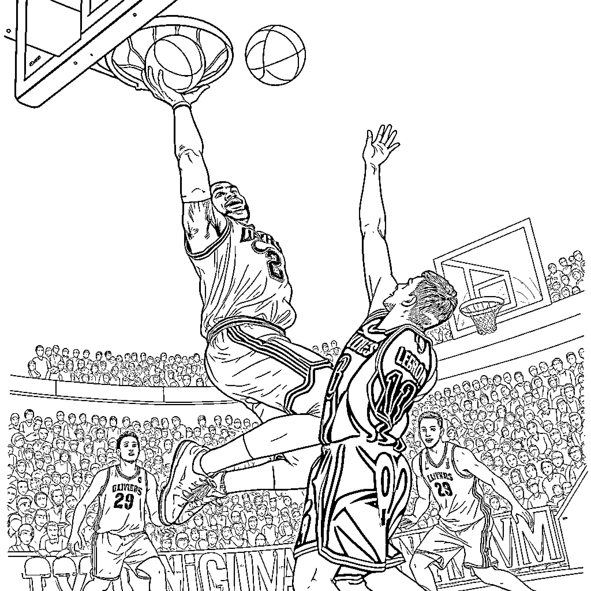 LeBron James' Impressive Basketball Dunk in a Game Coloring Page (free black-and-white line drawing printable PDF for all, from beginners to advanced learners, including children, teens, adults, and seniors)