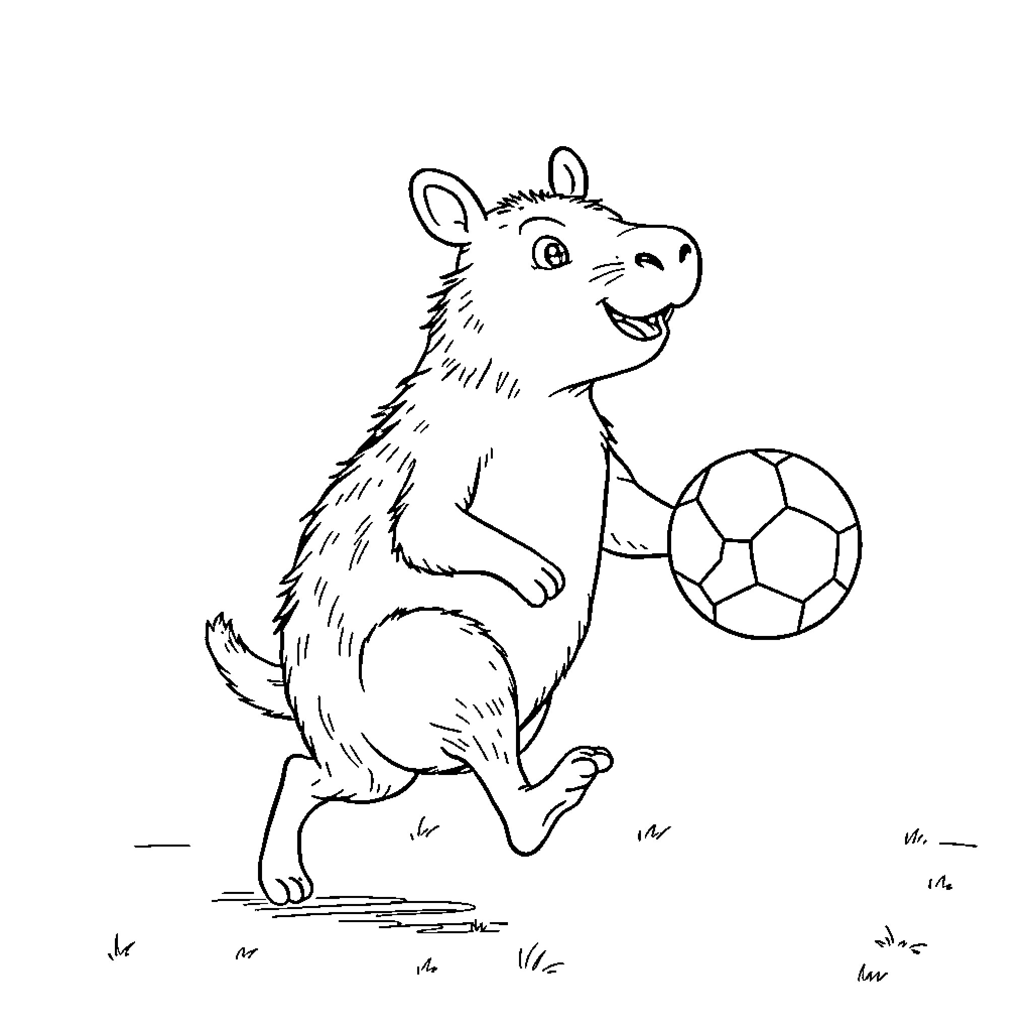 Capybara playing with soccer ball Coloring Page (free black-and-white line drawing printable PDF for all, from beginners to advanced learners, including children, teens, adults, and seniors)