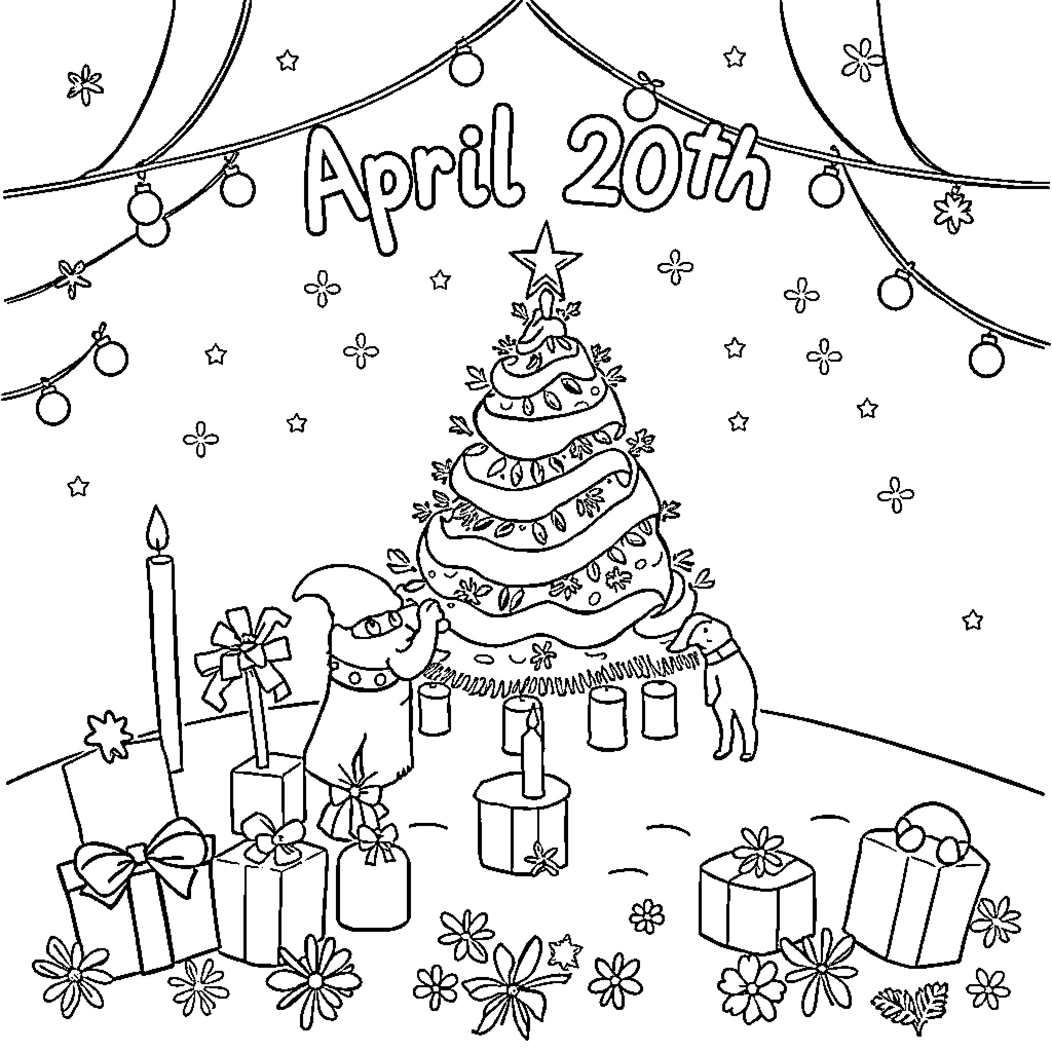 Christmas themed decor and celebration on April 20th Coloring Page (free black-and-white line drawing printable PDF for all, from beginners to advanced learners, including children, teens, adults, and seniors)