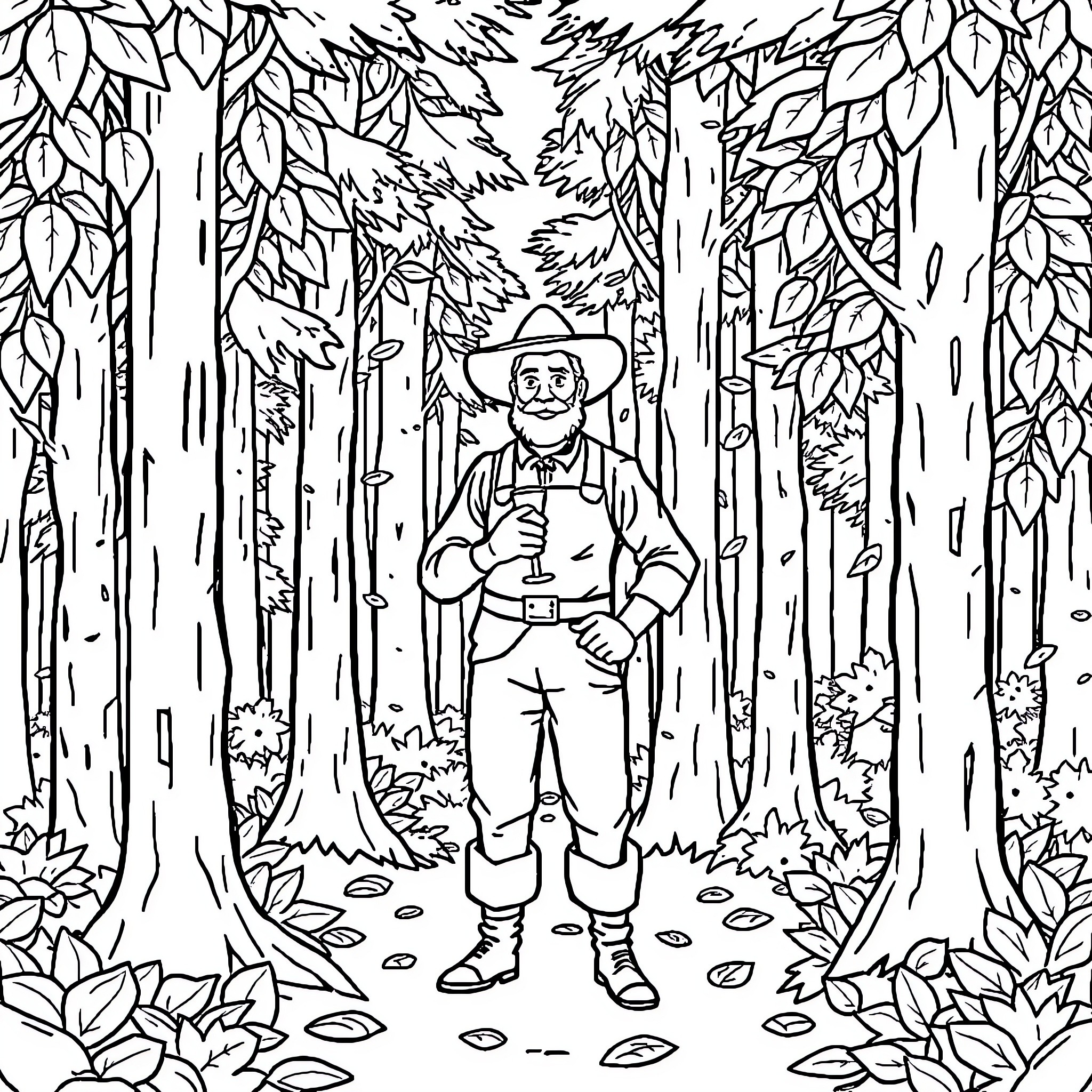 Barman exploring the forest with a mug Coloring Page (free black-and-white line drawing printable PDF for all, from beginners to advanced learners, including children, teens, adults, and seniors)