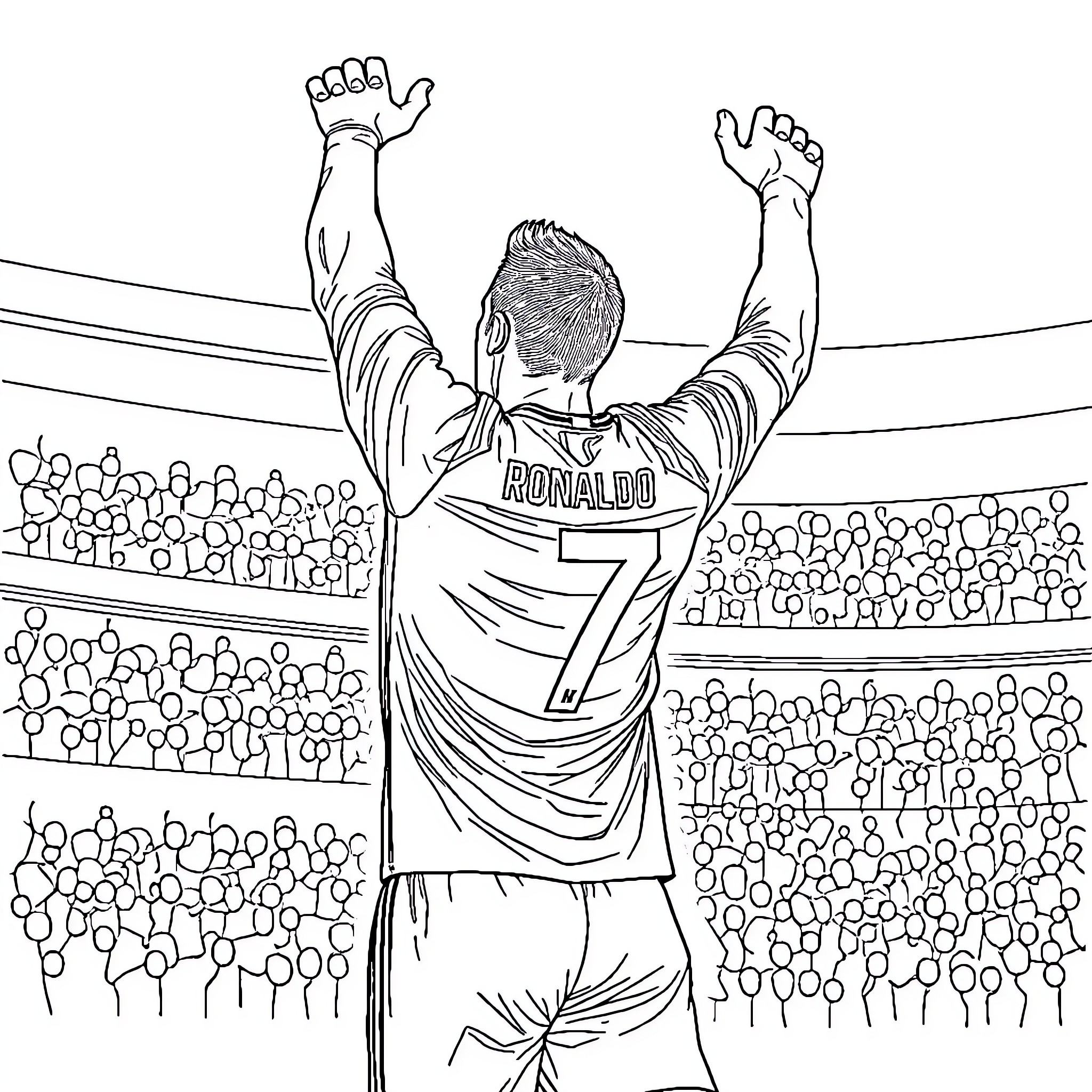 Cr7 Footballer Celebrating Victory in Stadium Coloring Page (free black-and-white line drawing printable PDF for all, from beginners to advanced learners, including children, teens, adults, and seniors)
