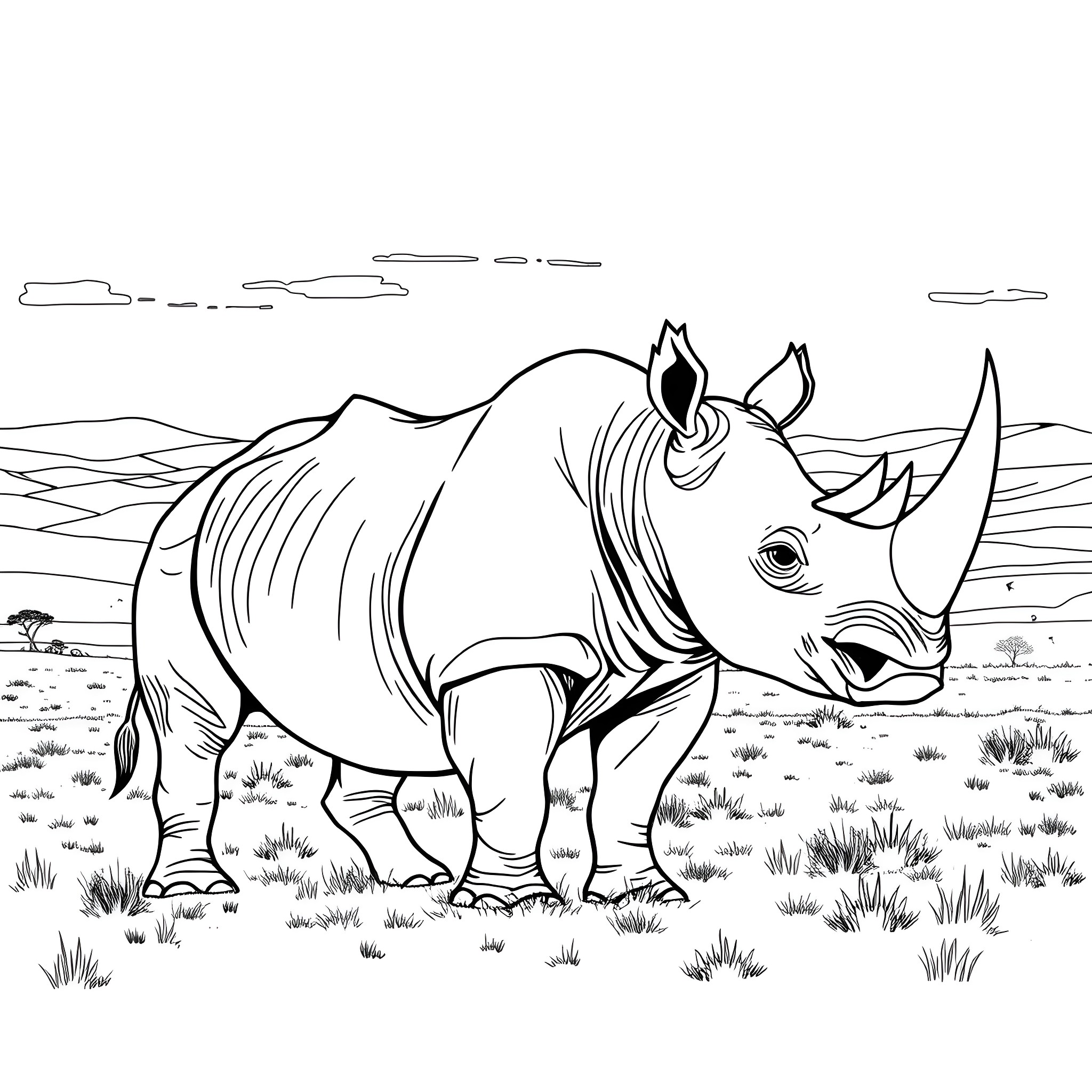 Rhinoceros standing in the grassland Coloring Page (free black-and-white line drawing printable PDF for all, from beginners to advanced learners, including children, teens, adults, and seniors)