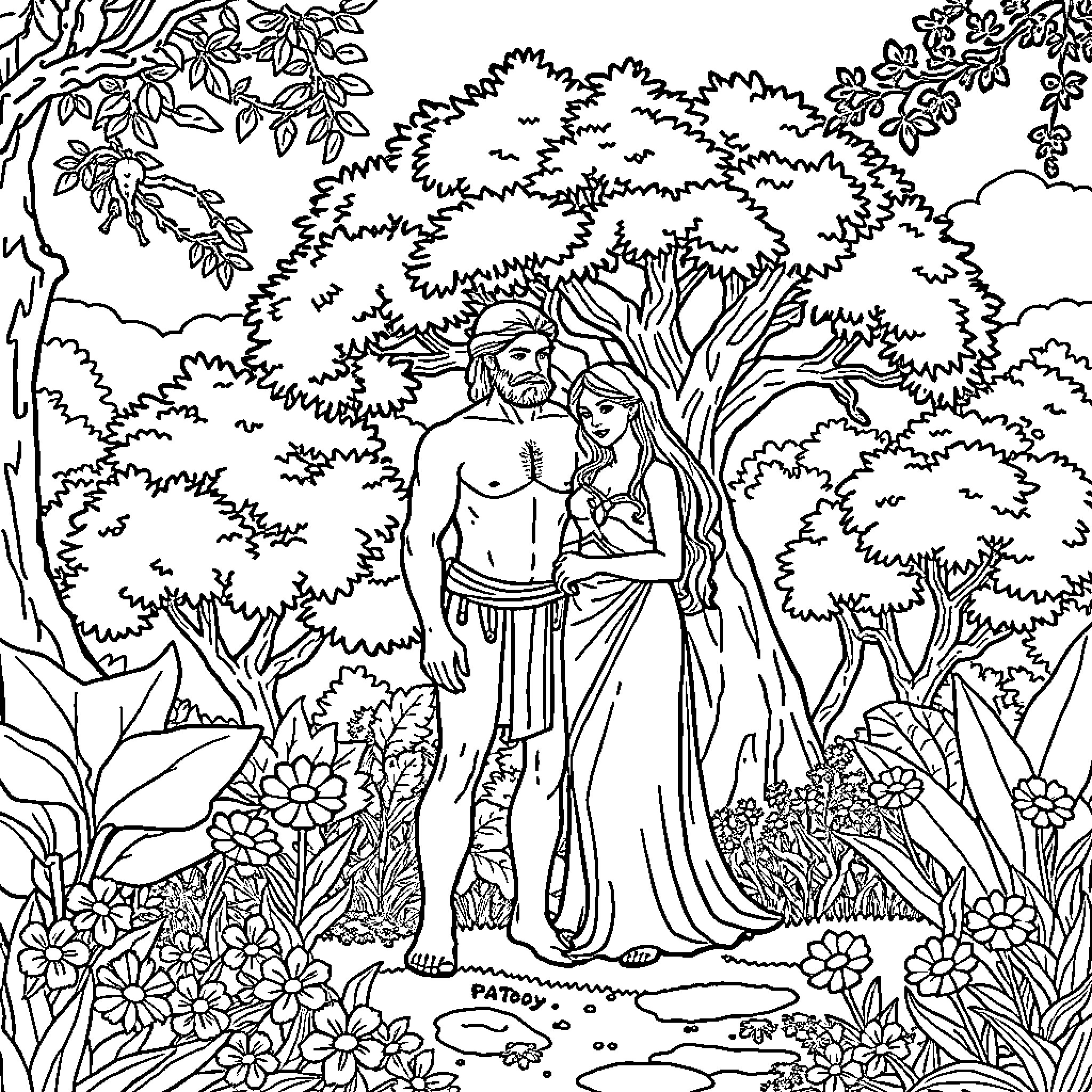 Adam and Eve in the Garden of Eden Coloring Page (free black-and-white line drawing printable PDF for all, from beginners to advanced learners, including children, teens, adults, and seniors)