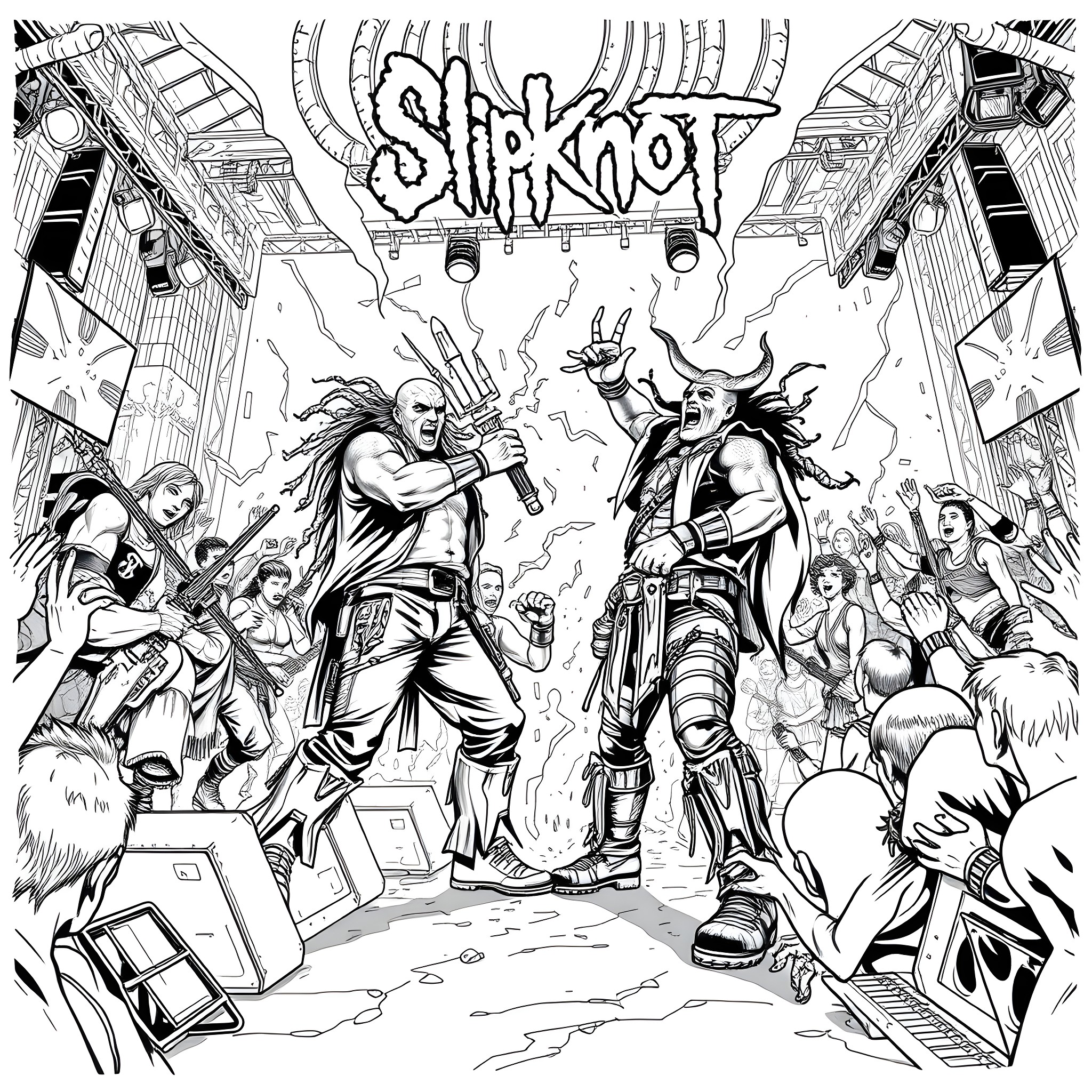 Slaughter to Prevail: Metal Band Performing Energetic Concert Coloring Page (free black-and-white line drawing printable PDF for all, from beginners to advanced learners, including children, teens, adults, and seniors)