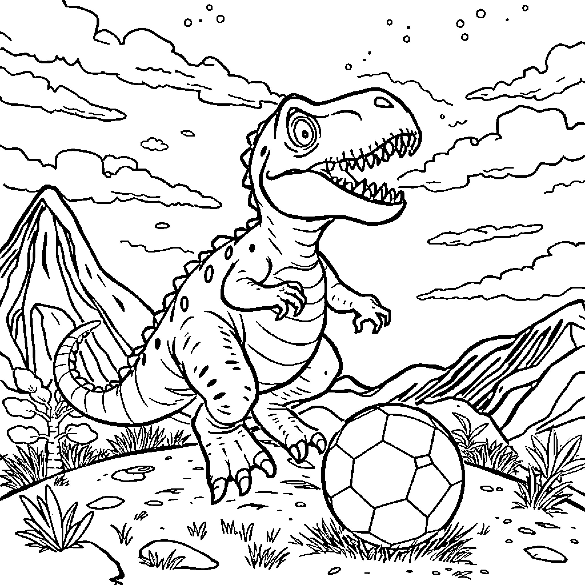 Dinosaur playing with soccer ball in nature Coloring Page (free black-and-white line drawing printable PDF for all, from beginners to advanced learners, including children, teens, adults, and seniors)