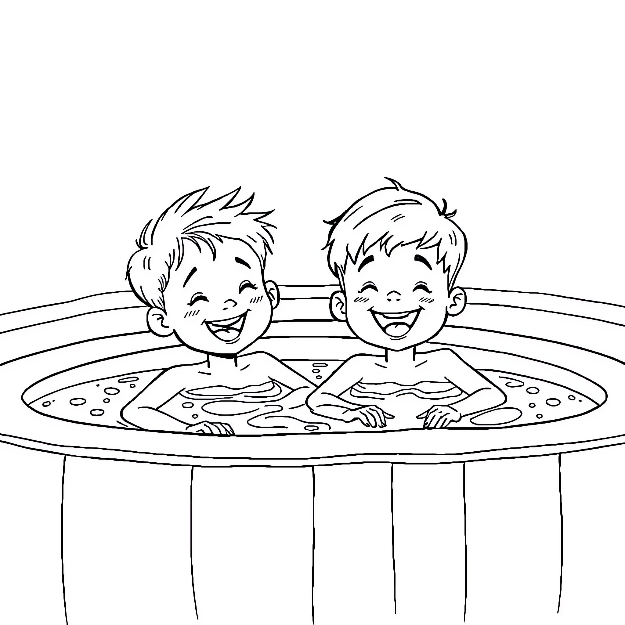Children having fun in the paddling pool Coloring Page (free black-and-white line drawing printable PDF for all, from beginners to advanced learners, including children, teens, adults, and seniors)