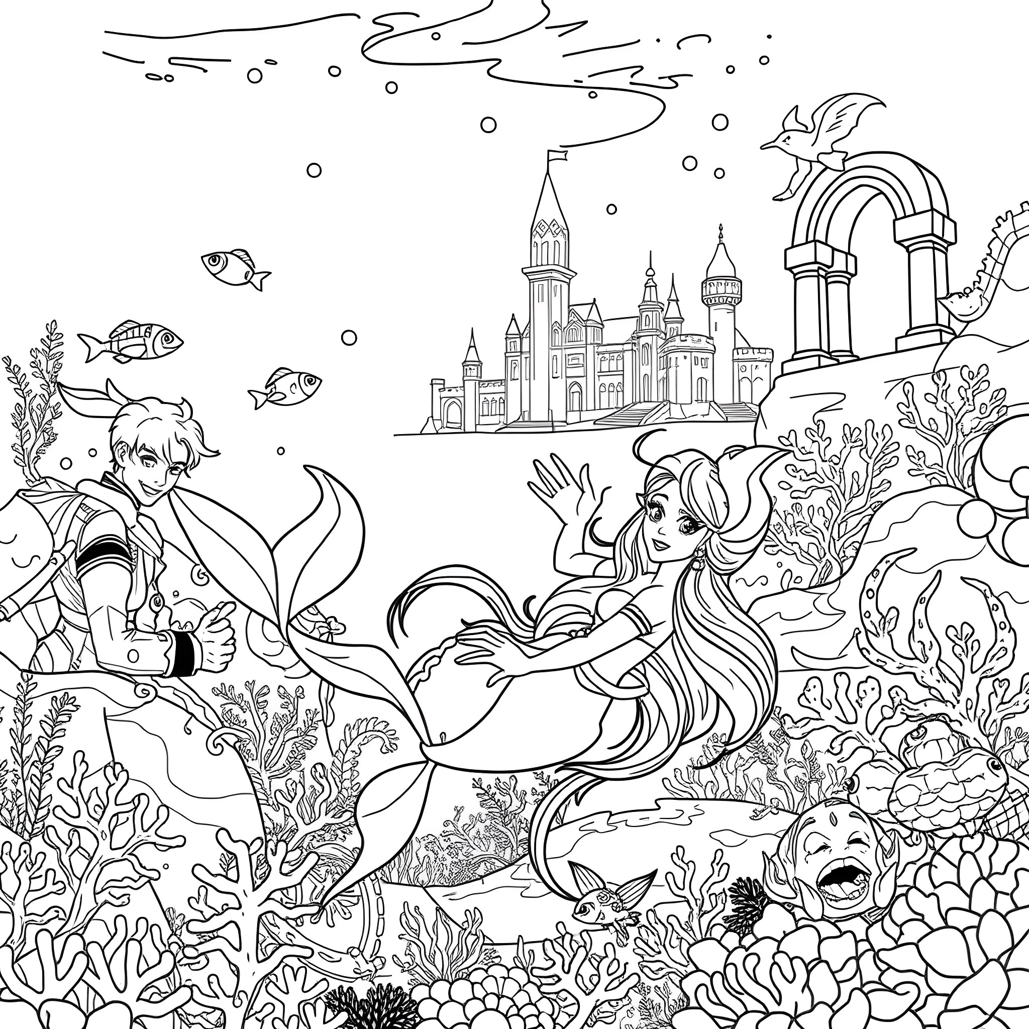 Mermaid exploring the underwater castle Coloring Page (free black-and-white line drawing printable PDF for all, from beginners to advanced learners, including children, teens, adults, and seniors)