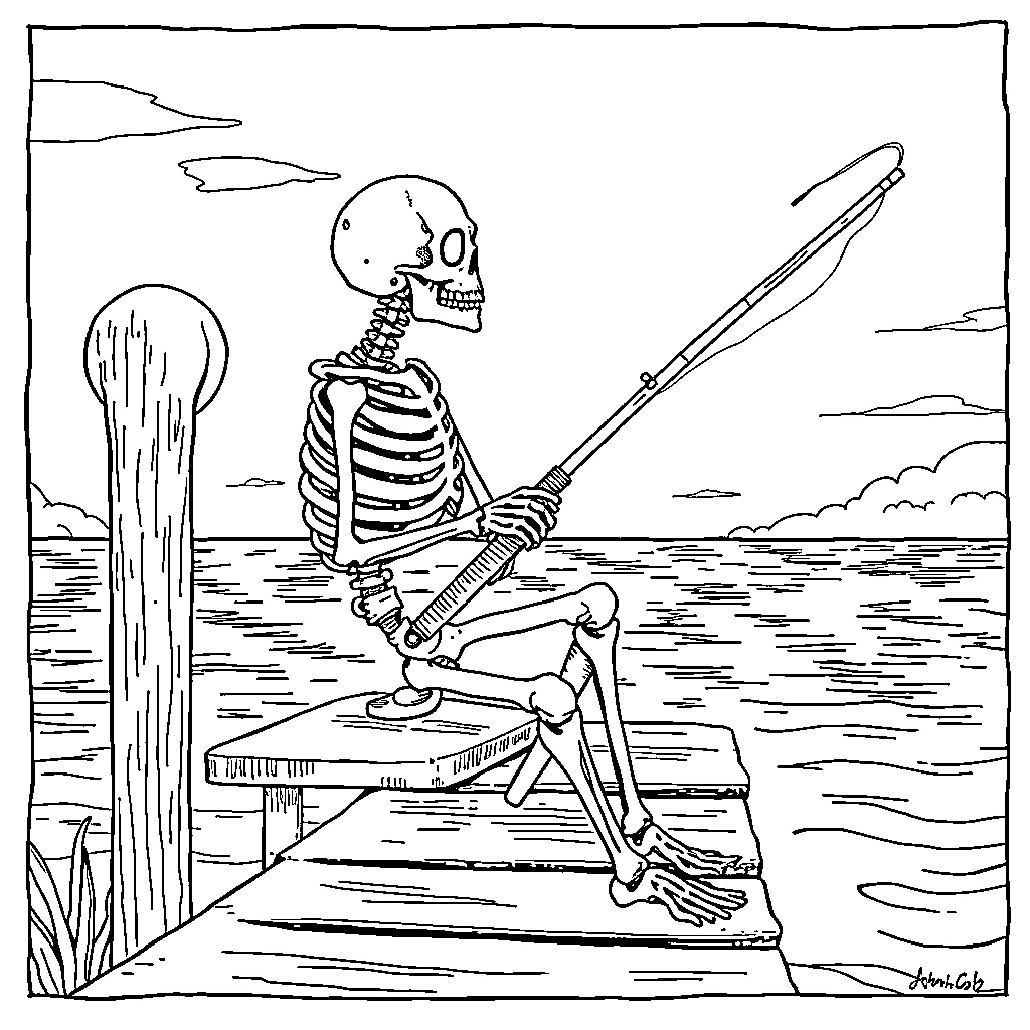 Skeleton Fishing on a Dock by the Sea Coloring Page (free black-and-white line drawing printable PDF for all, from beginners to advanced learners, including children, teens, adults, and seniors)