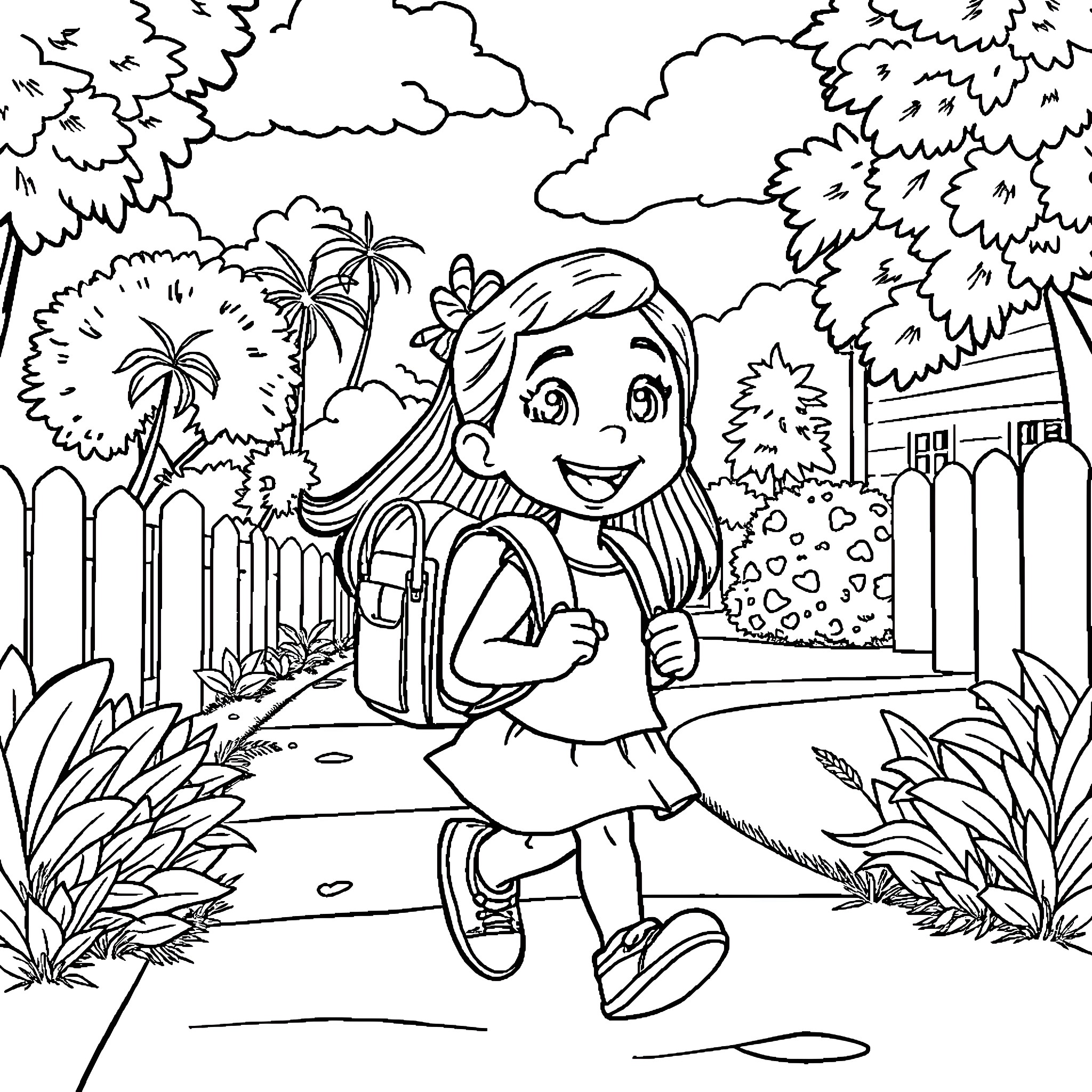 Lilo exploring the tropical garden Coloring Page (free black-and-white line drawing printable PDF for all, from beginners to advanced learners, including children, teens, adults, and seniors)
