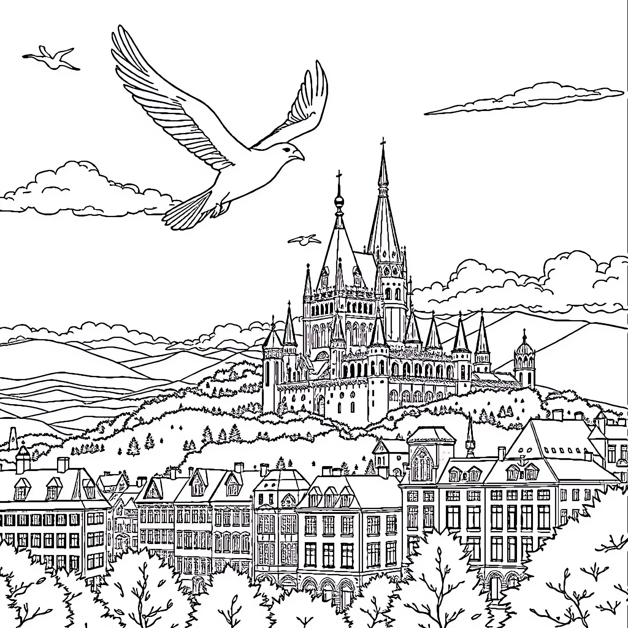 Labubu's Magical Castle Adventure Coloring Page (free black-and-white line drawing printable PDF for all, from beginners to advanced learners, including children, teens, adults, and seniors)