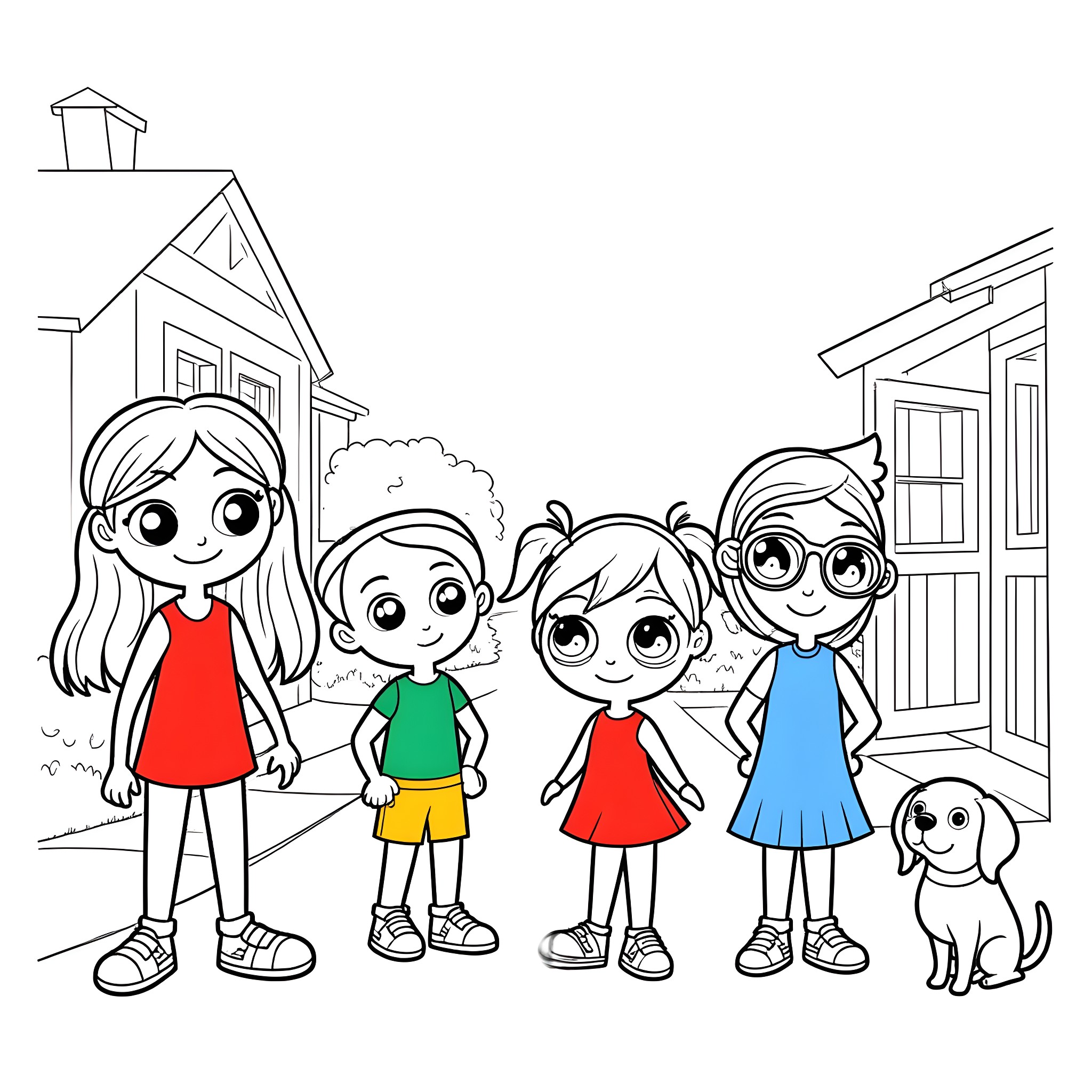 Child friends playing outdoors near home Coloring Page (free black-and-white line drawing printable PDF for all, from beginners to advanced learners, including children, teens, adults, and seniors)