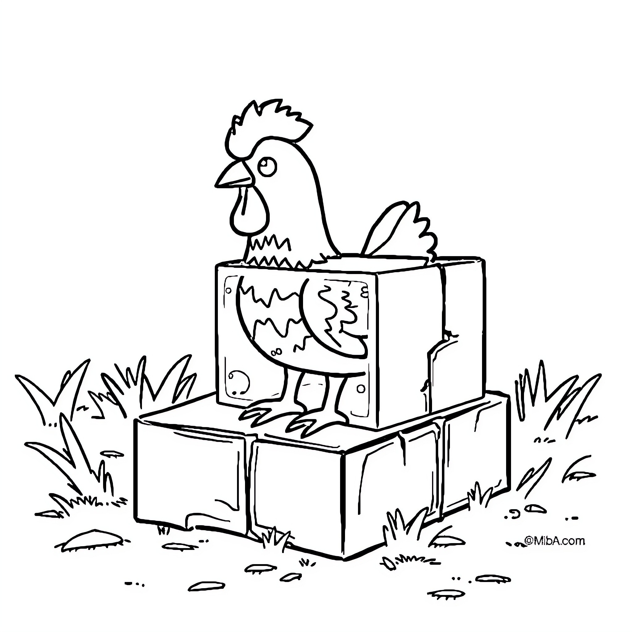 Chicken peeking out from crate in yard Coloring Page (free black-and-white line drawing printable PDF for all, from beginners to advanced learners, including children, teens, adults, and seniors)