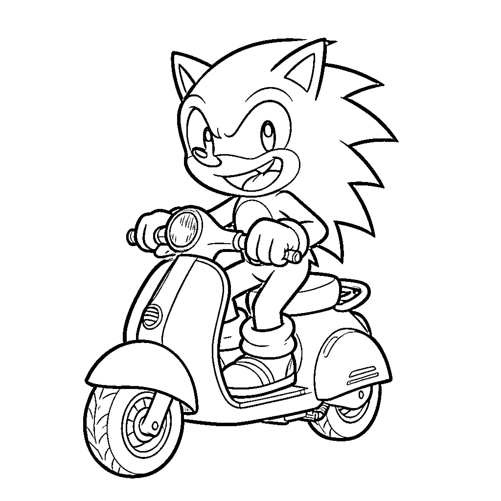 Sonic riding a scooter with enthusiasm Coloring Page (free black-and-white line drawing printable PDF for all, from beginners to advanced learners, including children, teens, adults, and seniors)