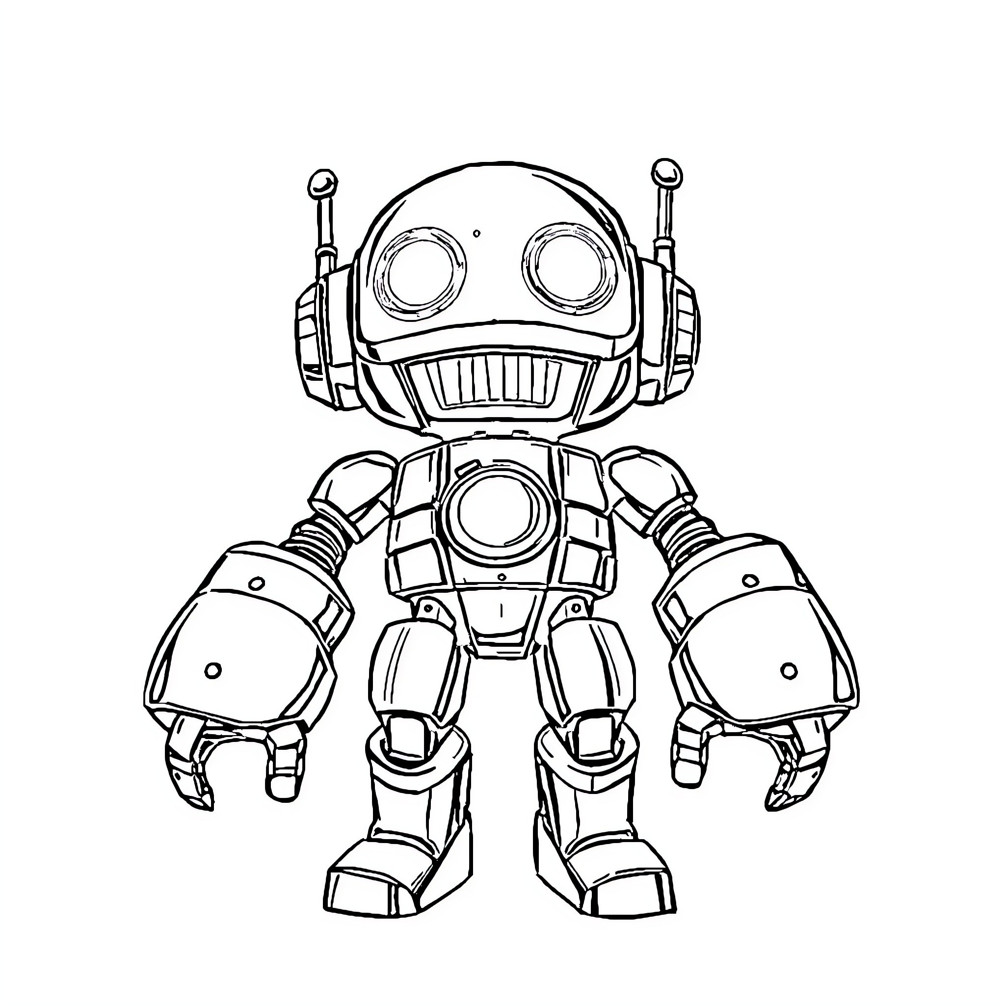 Robot with Bulky Machinery Posing in Sketch Style Coloring Page (free black-and-white line drawing printable PDF for all, from beginners to advanced learners, including children, teens, adults, and seniors)