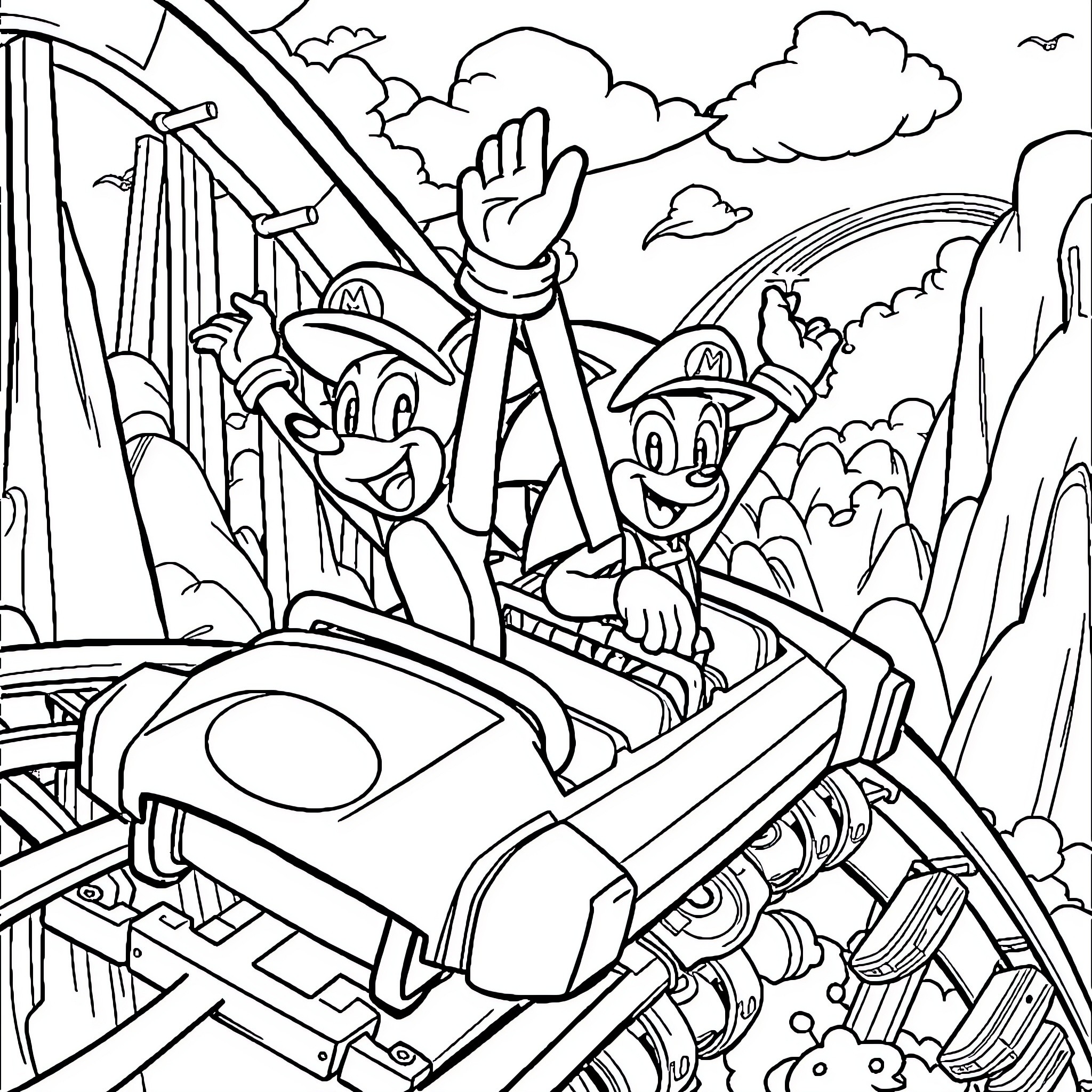 Sonic characters riding a thrilling roller coaster Coloring Page (free black-and-white line drawing printable PDF for all, from beginners to advanced learners, including children, teens, adults, and seniors)