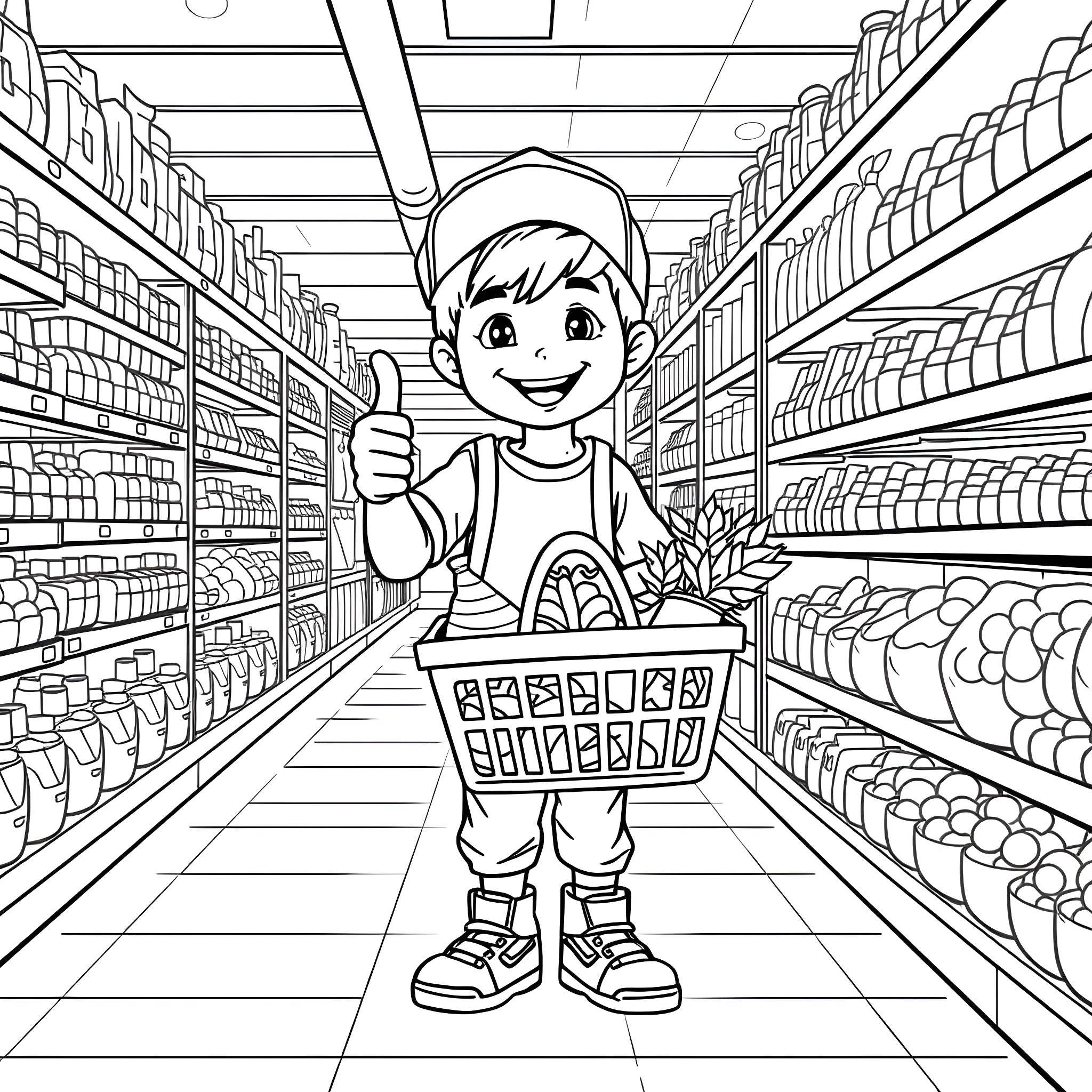 Boy exploring the aisles of a grocery store Coloring Page (free black-and-white line drawing printable PDF for all, from beginners to advanced learners, including children, teens, adults, and seniors)