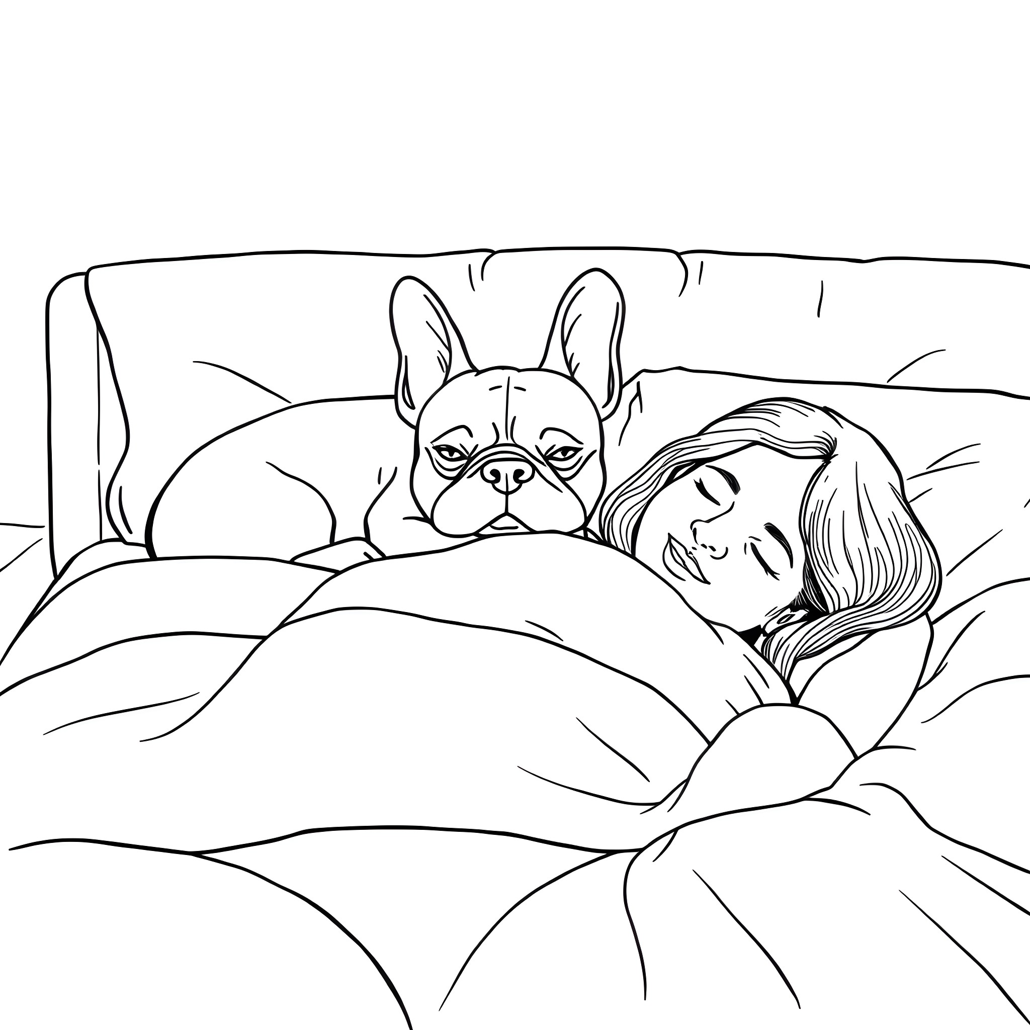 Frenchie cuddling with owner on the bed Coloring Page (free black-and-white line drawing printable PDF for all, from beginners to advanced learners, including children, teens, adults, and seniors)