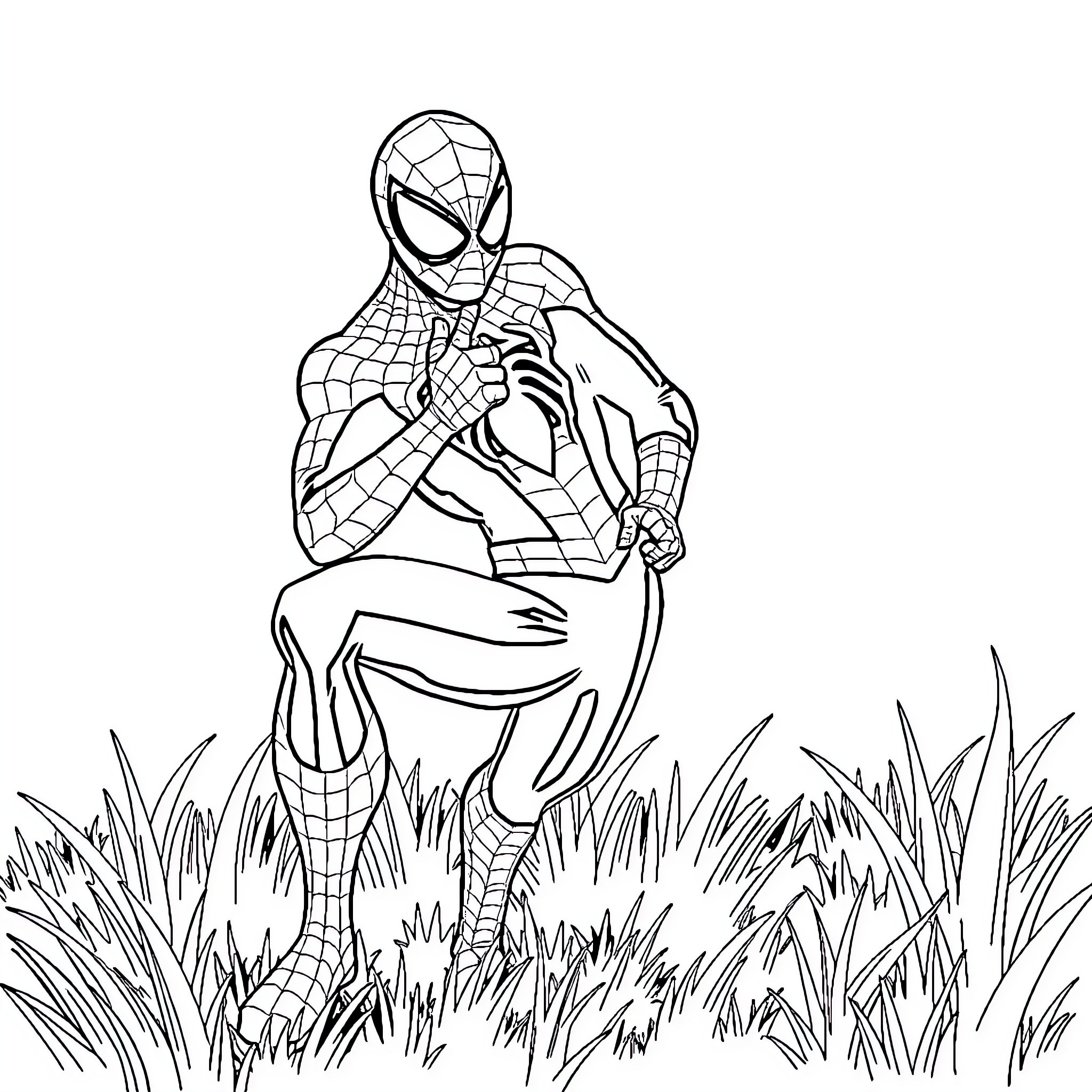 Spider-Man crouching in the grass Coloring Page (free black-and-white line drawing printable PDF for all, from beginners to advanced learners, including children, teens, adults, and seniors)