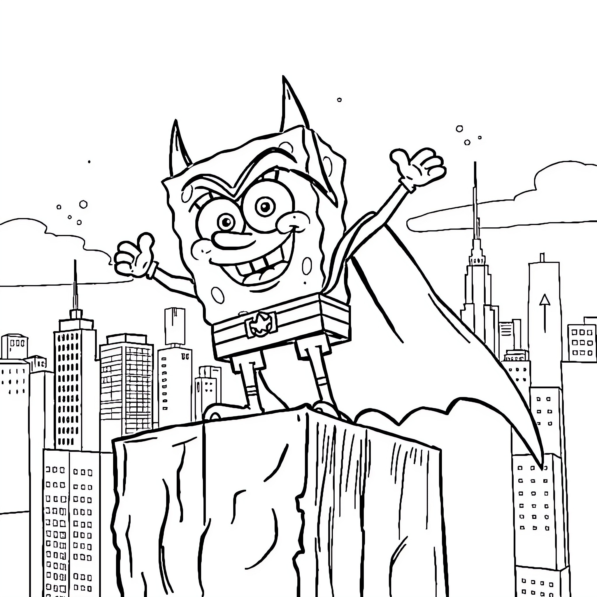 Spongebob enjoying city skyline with enthusiasm Coloring Page (free black-and-white line drawing printable PDF for all, from beginners to advanced learners, including children, teens, adults, and seniors)