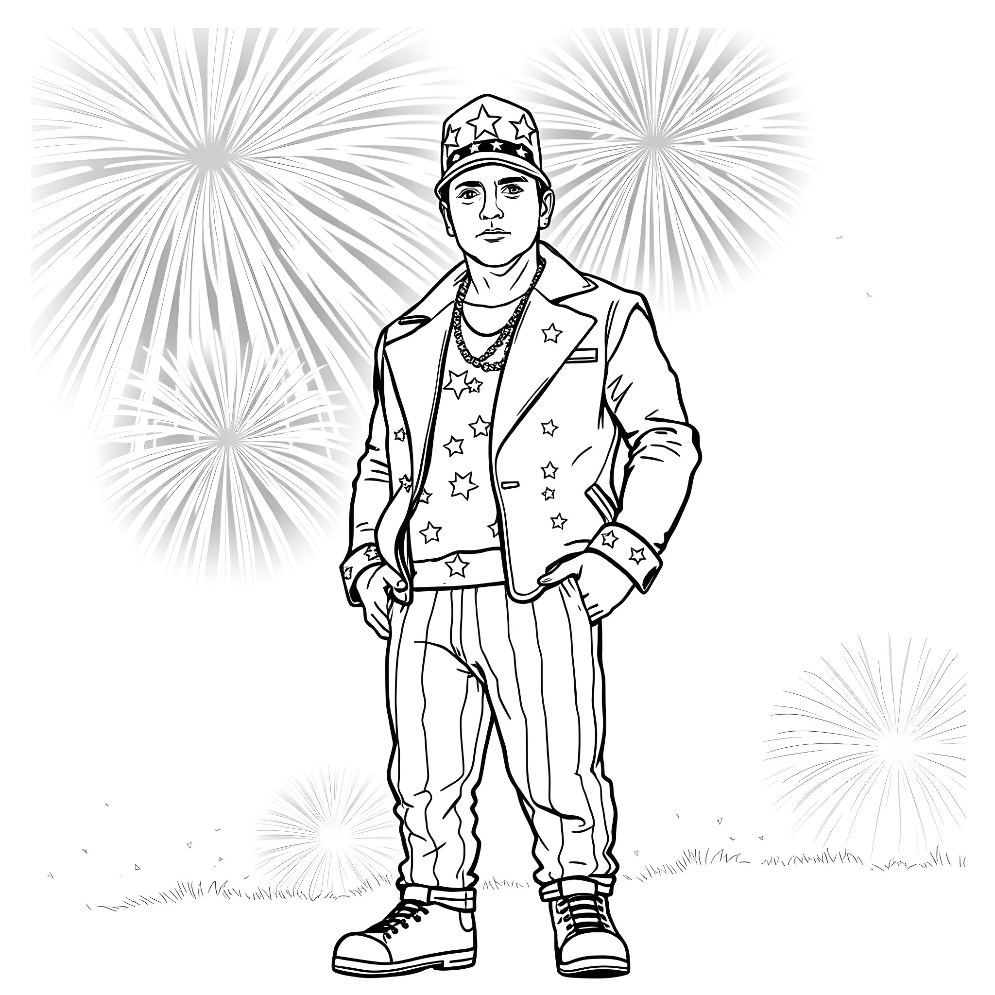 Eminem Performing in Patriotic Outfit with Fireworks Coloring Page (free black-and-white line drawing printable PDF for all, from beginners to advanced learners, including children, teens, adults, and seniors)