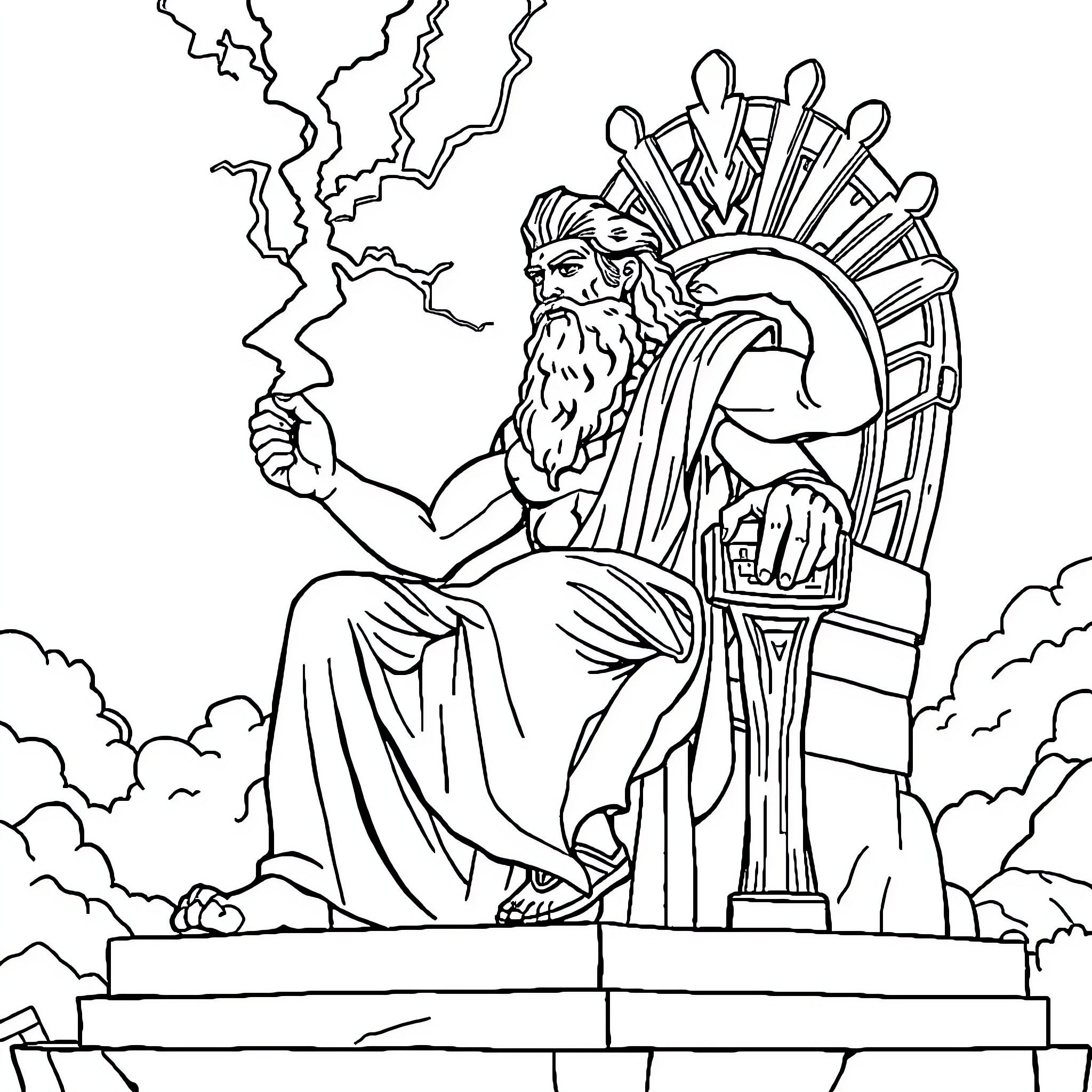 Zeus wielding lightning bolt on throne Coloring Page (free black-and-white line drawing printable PDF for all, from beginners to advanced learners, including children, teens, adults, and seniors)