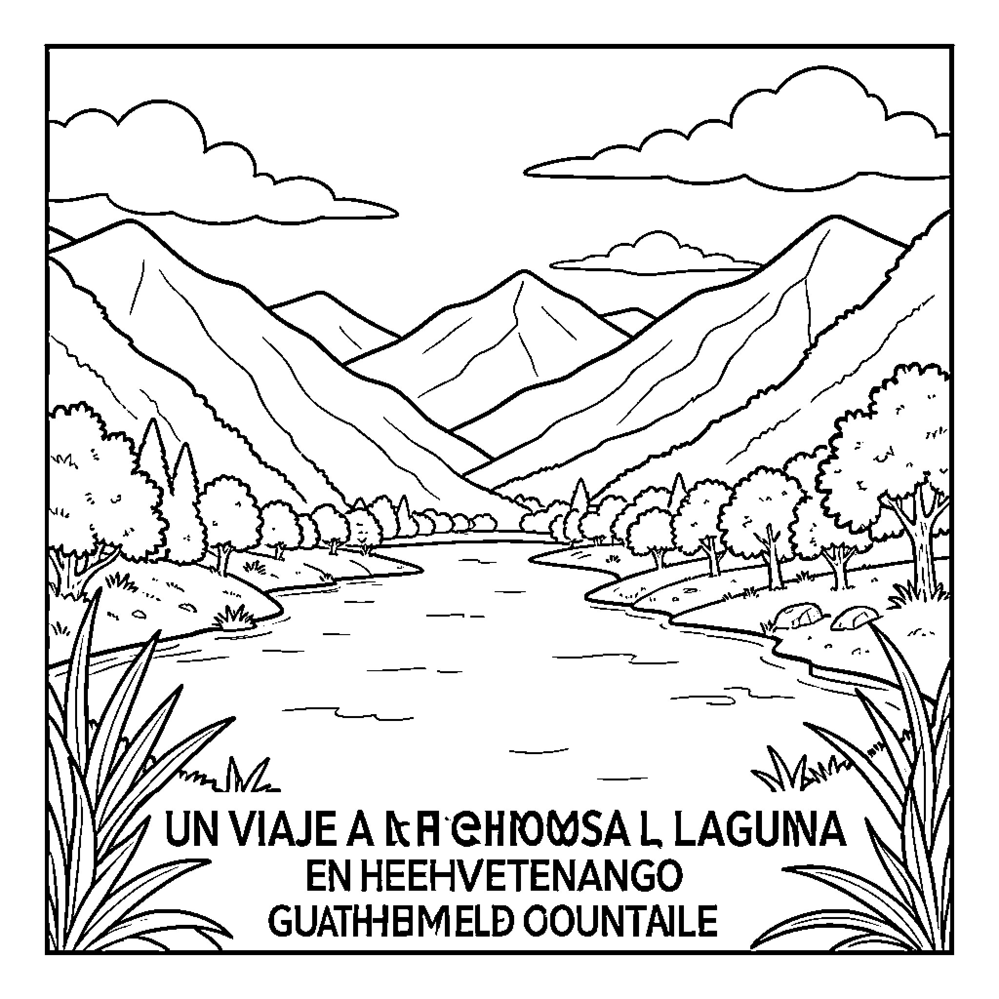 Lagoon landscape with mountainous scenery Coloring Page (free black-and-white line drawing printable PDF for all, from beginners to advanced learners, including children, teens, adults, and seniors)