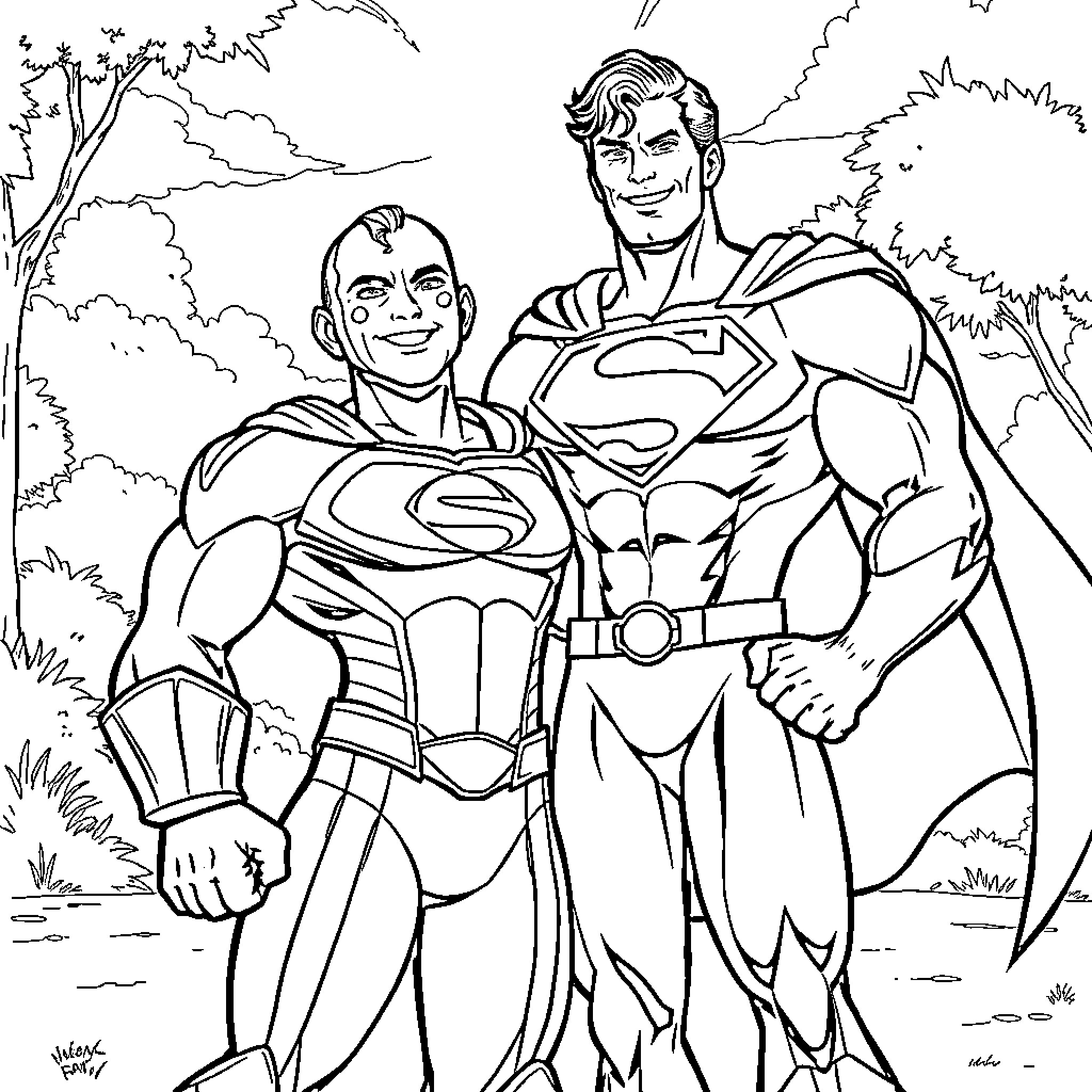 Megaman heroes in heroic poses Coloring Page (free black-and-white line drawing printable PDF for all, from beginners to advanced learners, including children, teens, adults, and seniors)