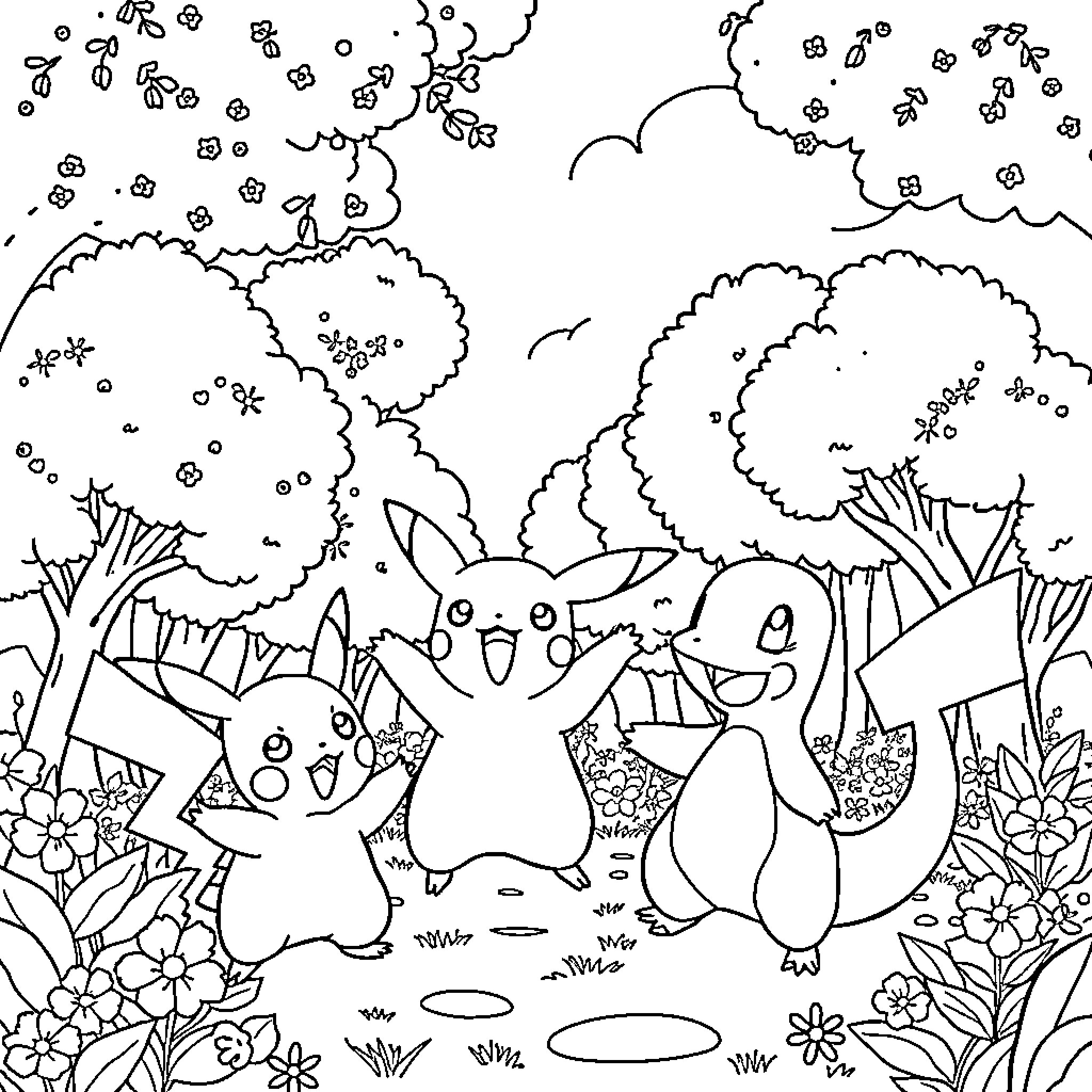 Pikachu enjoying a playful day in the enchanted forest Coloring Page (free black-and-white line drawing printable PDF for all, from beginners to advanced learners, including children, teens, adults, and seniors)
