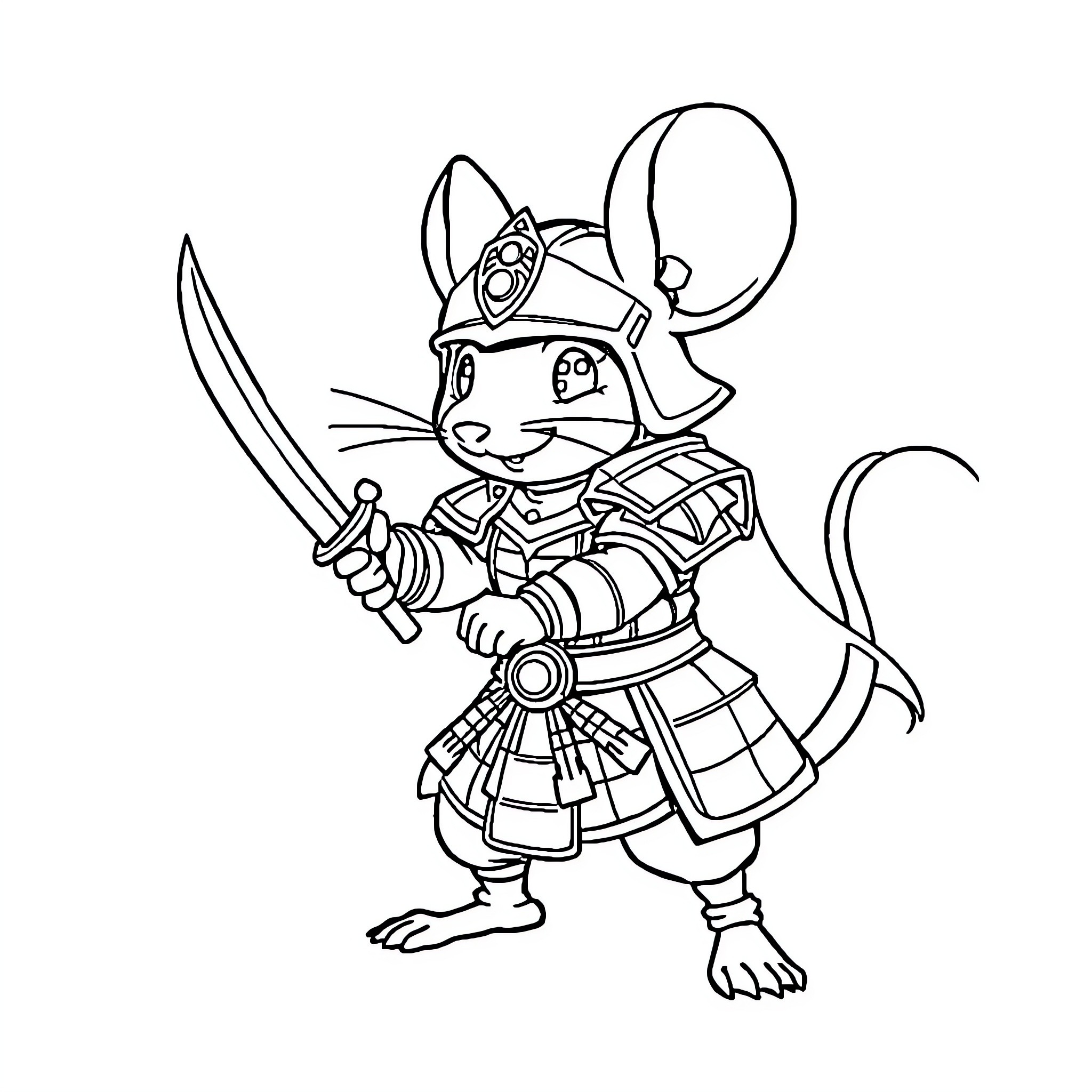 Mouse warrior with sword and armor Coloring Page (free black-and-white line drawing printable PDF for all, from beginners to advanced learners, including children, teens, adults, and seniors)