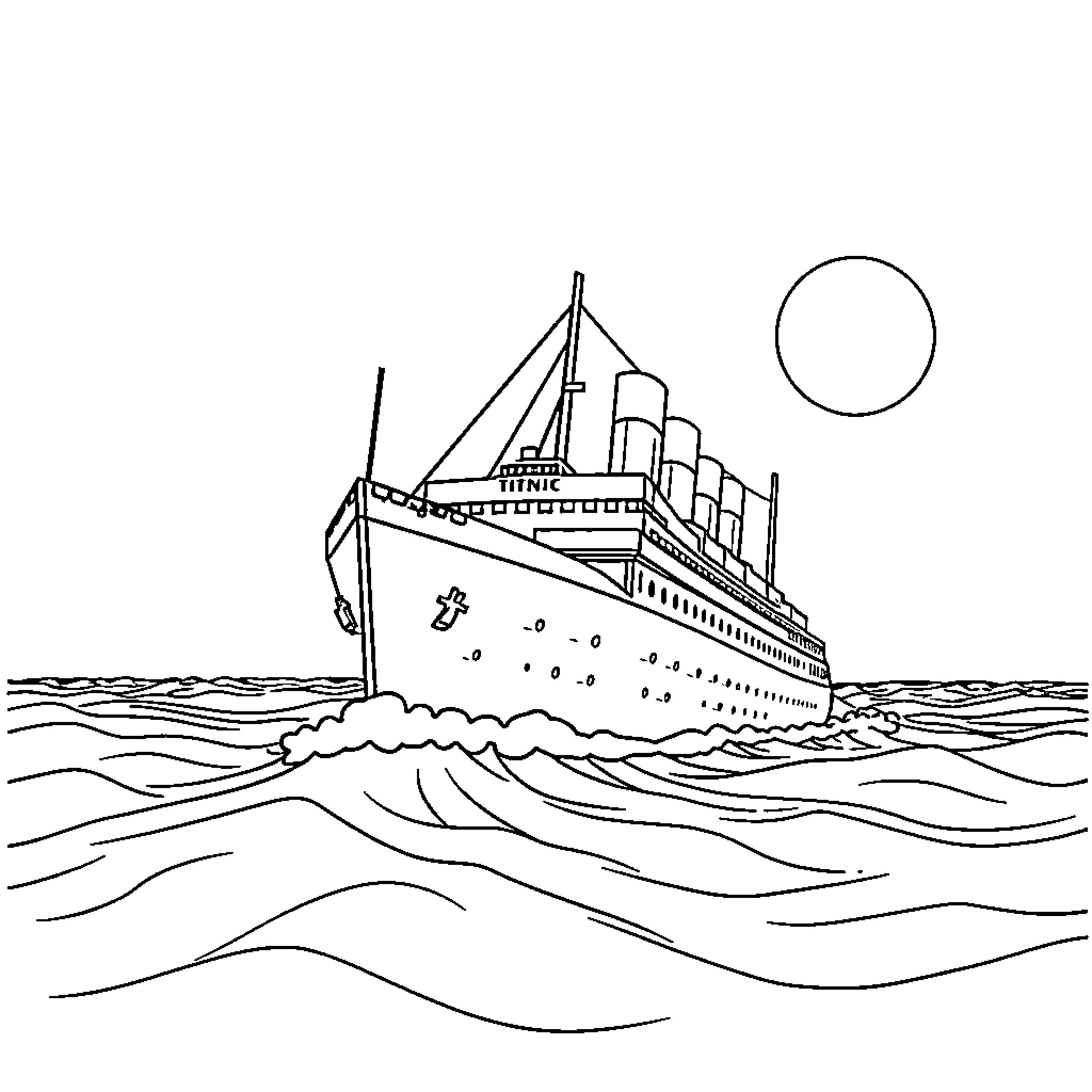 Titanic ocean liner sailing across the waves Coloring Page (free black-and-white line drawing printable PDF for all, from beginners to advanced learners, including children, teens, adults, and seniors)