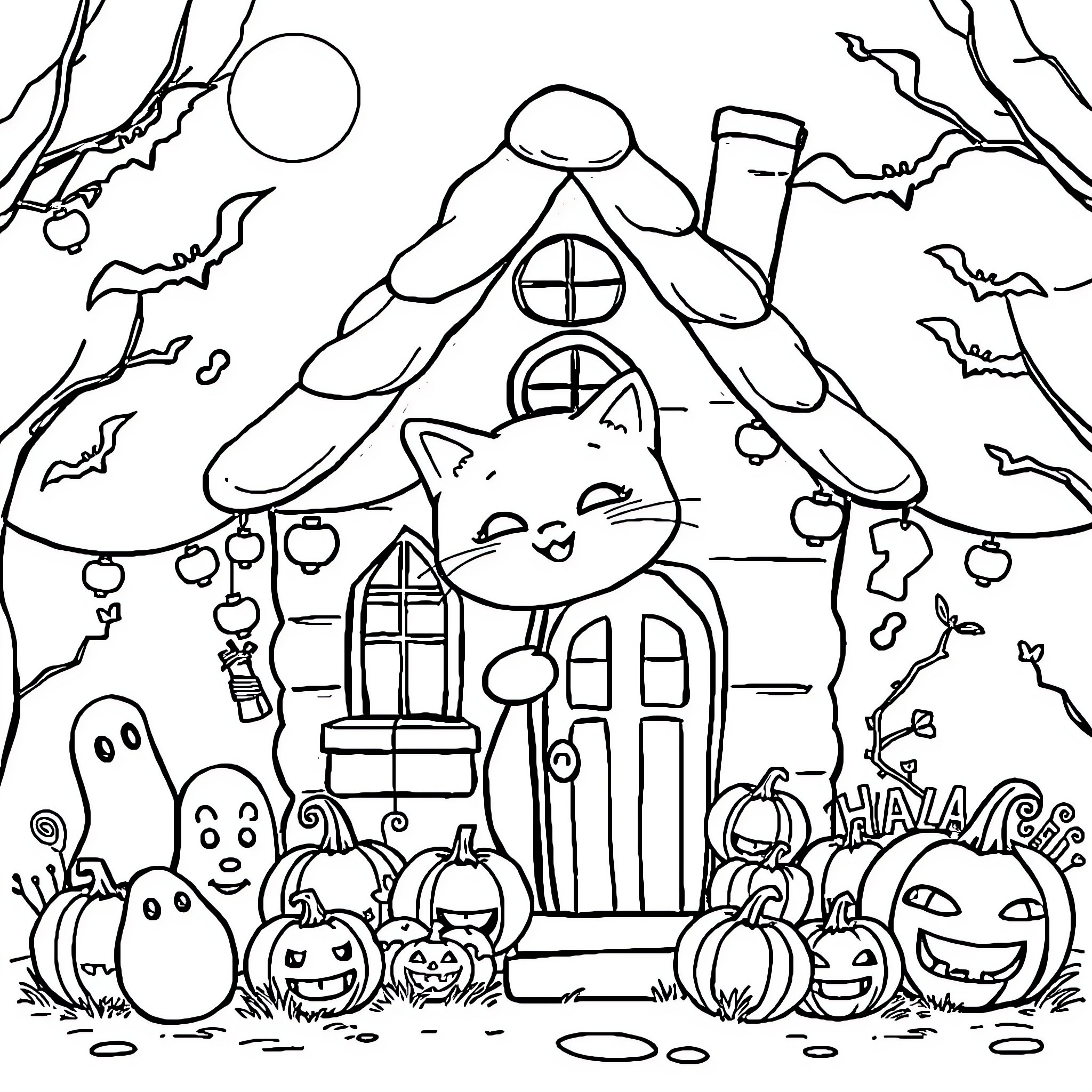 Cat in a Whimsical Halloween Scene Coloring Page (free black-and-white line drawing printable PDF for all, from beginners to advanced learners, including children, teens, adults, and seniors)