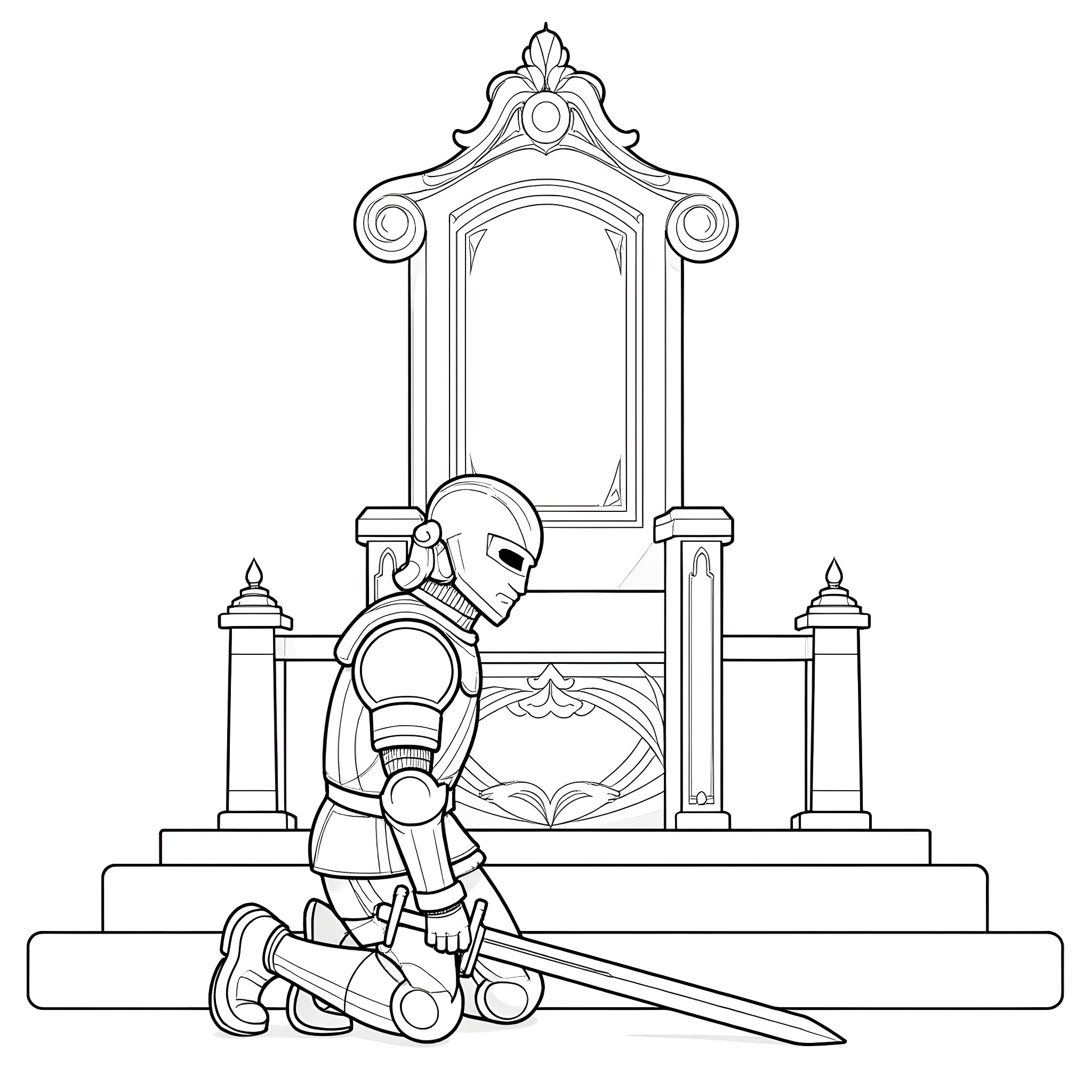 Knight standing before an ornate doorway Coloring Page (free black-and-white line drawing printable PDF for all, from beginners to advanced learners, including children, teens, adults, and seniors)