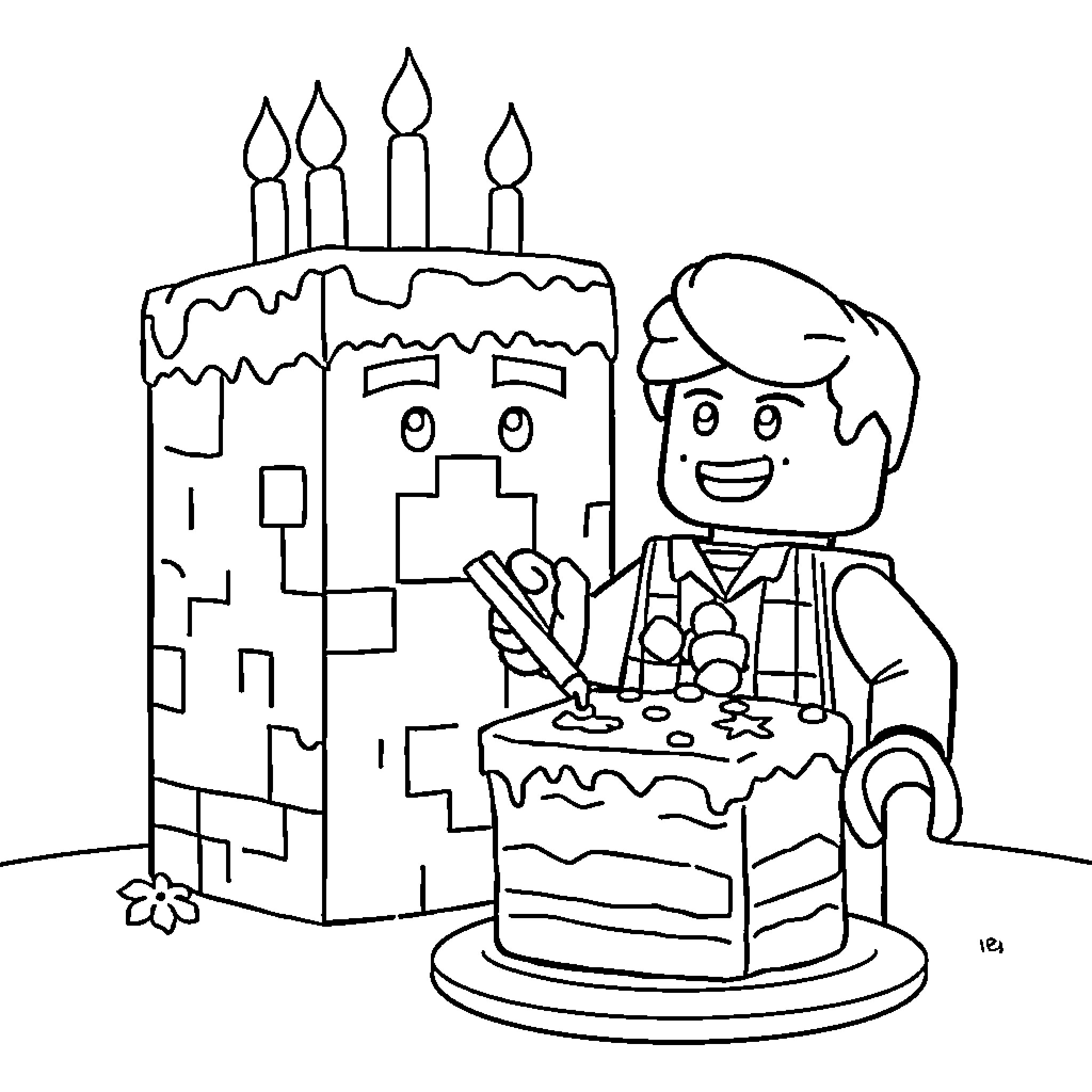 Cake Celebration with Cheerful Boy Coloring Page (free black-and-white line drawing printable PDF for all, from beginners to advanced learners, including children, teens, adults, and seniors)