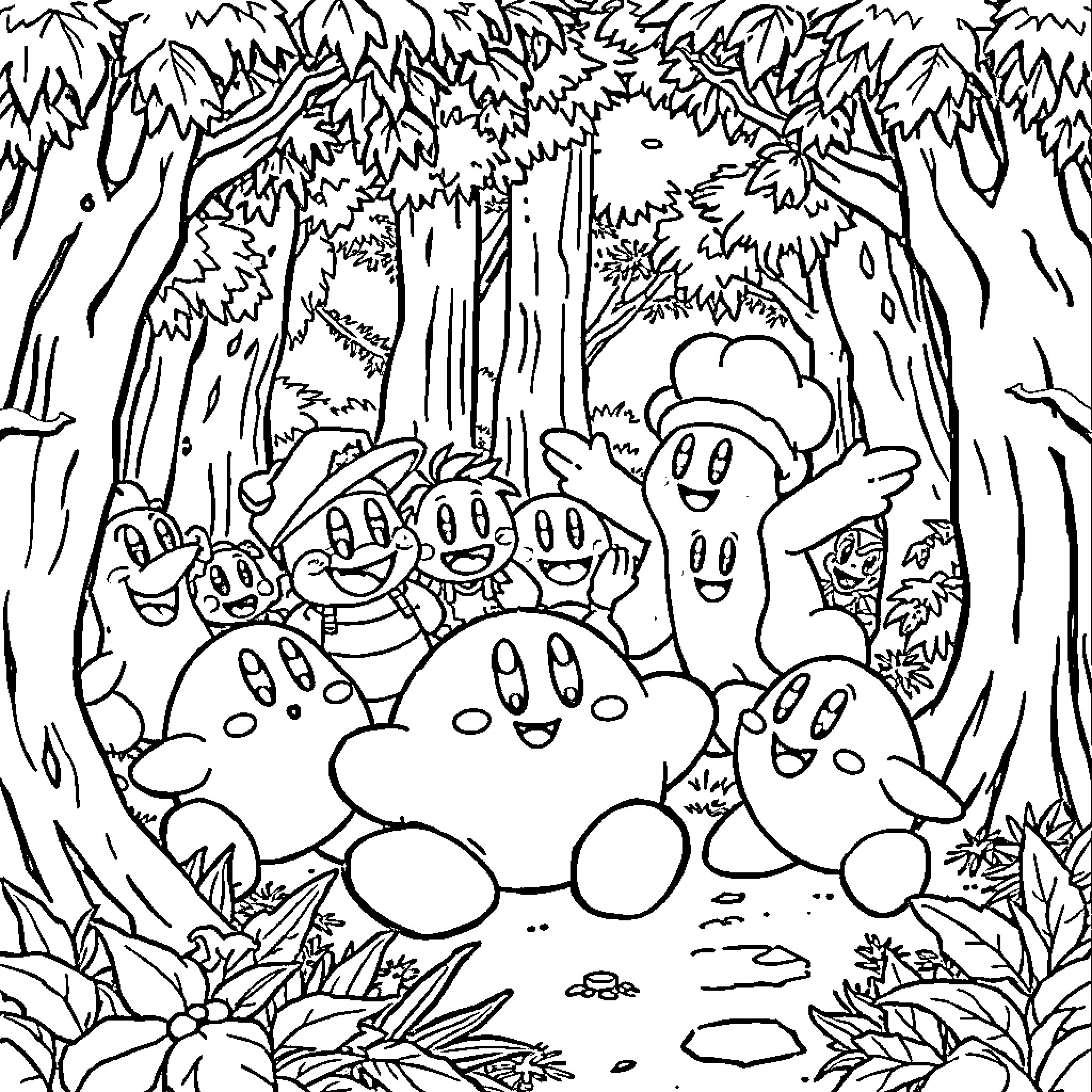 Kirby and friends exploring the enchanted forest Coloring Page (free black-and-white line drawing printable PDF for all, from beginners to advanced learners, including children, teens, adults, and seniors)