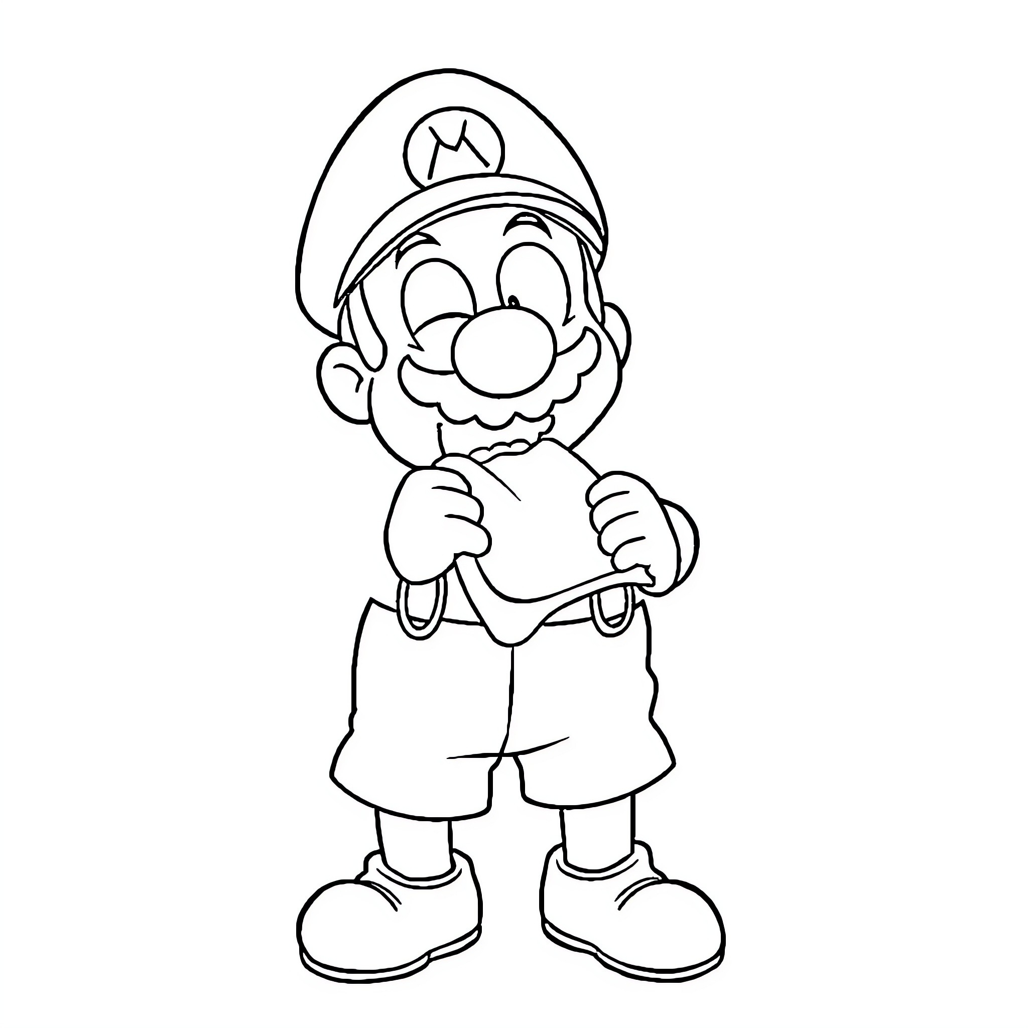 Mario in Cheerful Pose Coloring Page (free black-and-white line drawing printable PDF for all, from beginners to advanced learners, including children, teens, adults, and seniors)